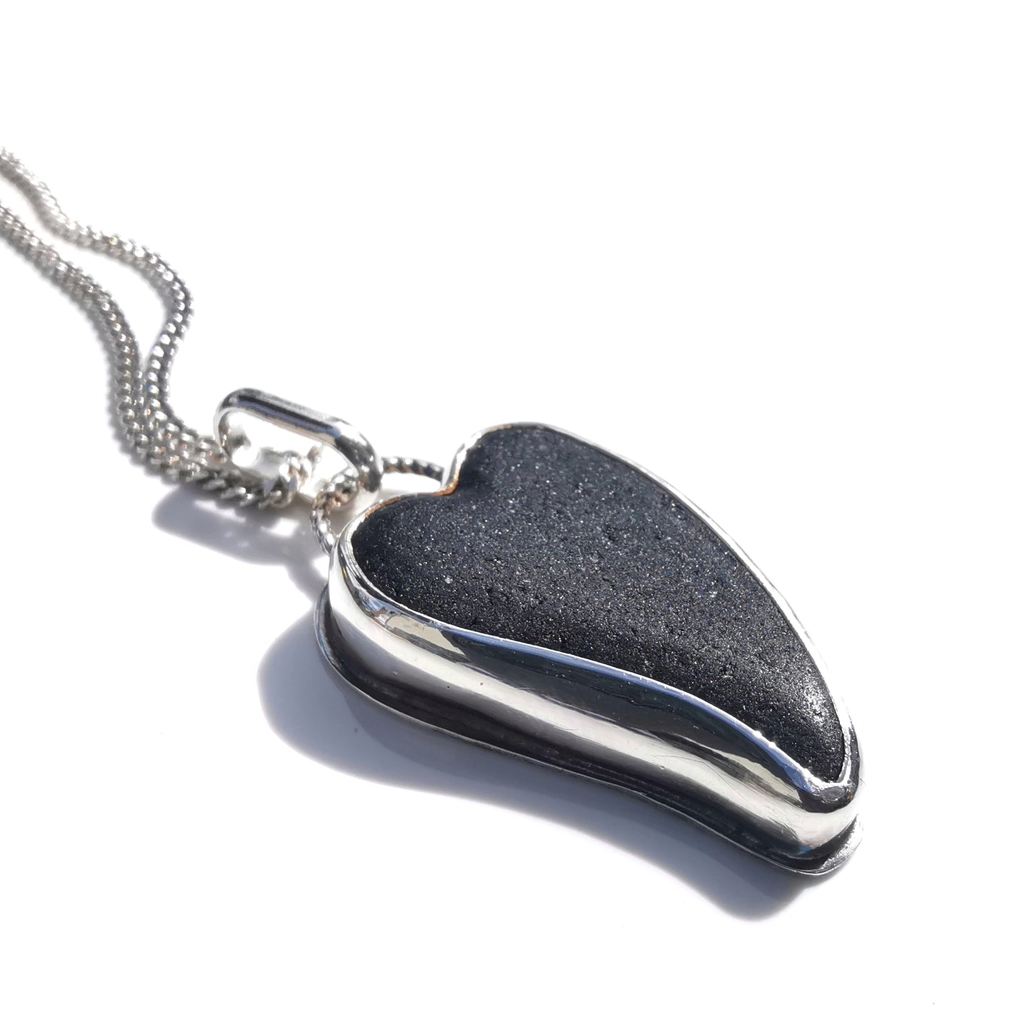 Scottish black sea glass heart & sterling silver pendant.