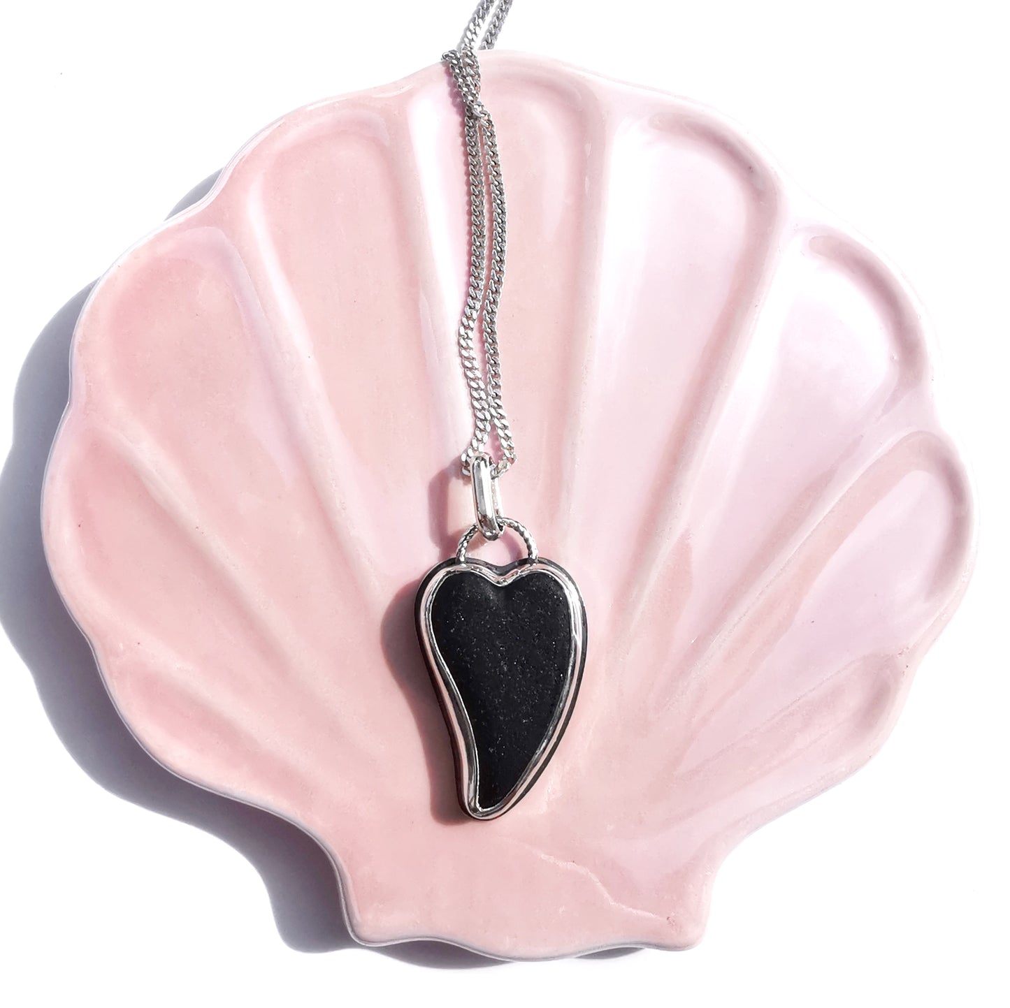 Scottish black sea glass heart & sterling silver pendant.