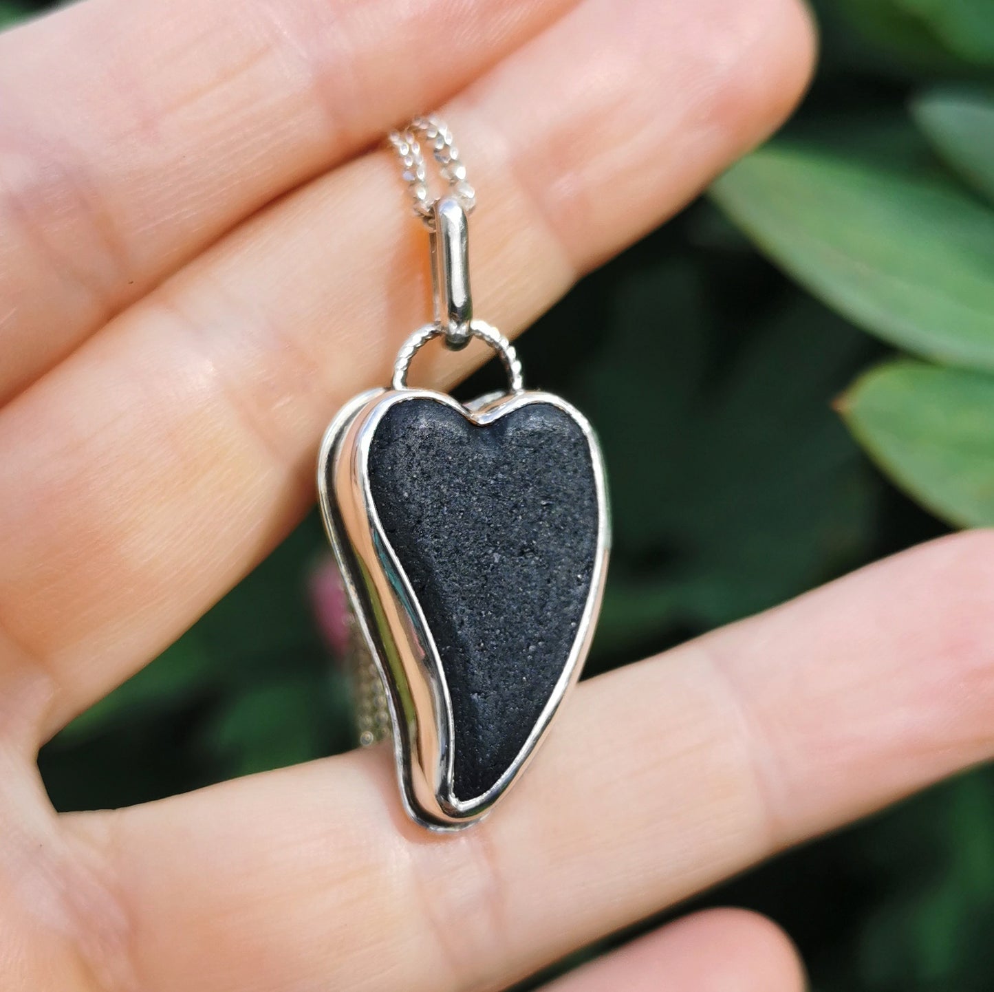 Scottish black sea glass heart & sterling silver pendant.