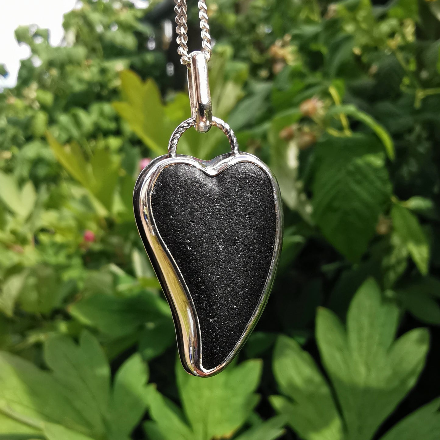 Scottish black sea glass heart & sterling silver pendant.