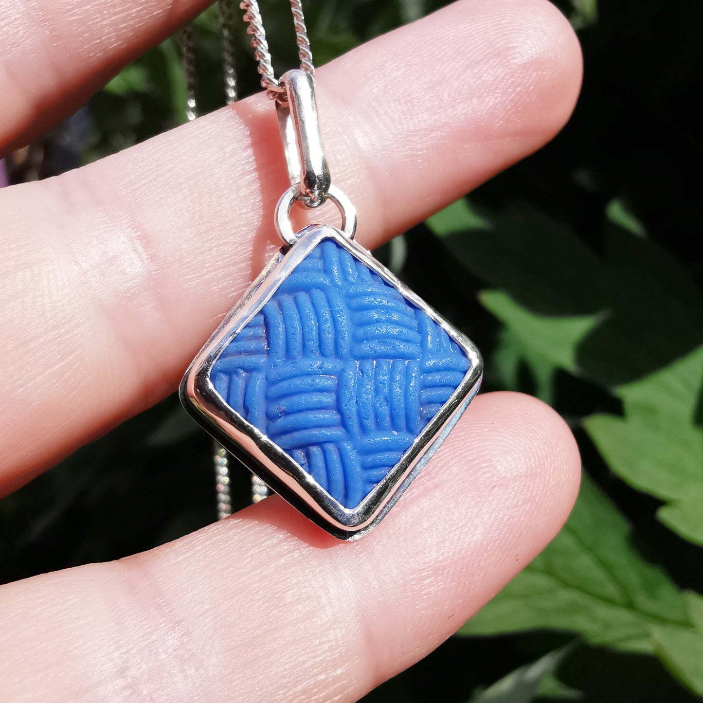 Scottish blue sea glass button & sterling silver pendant.