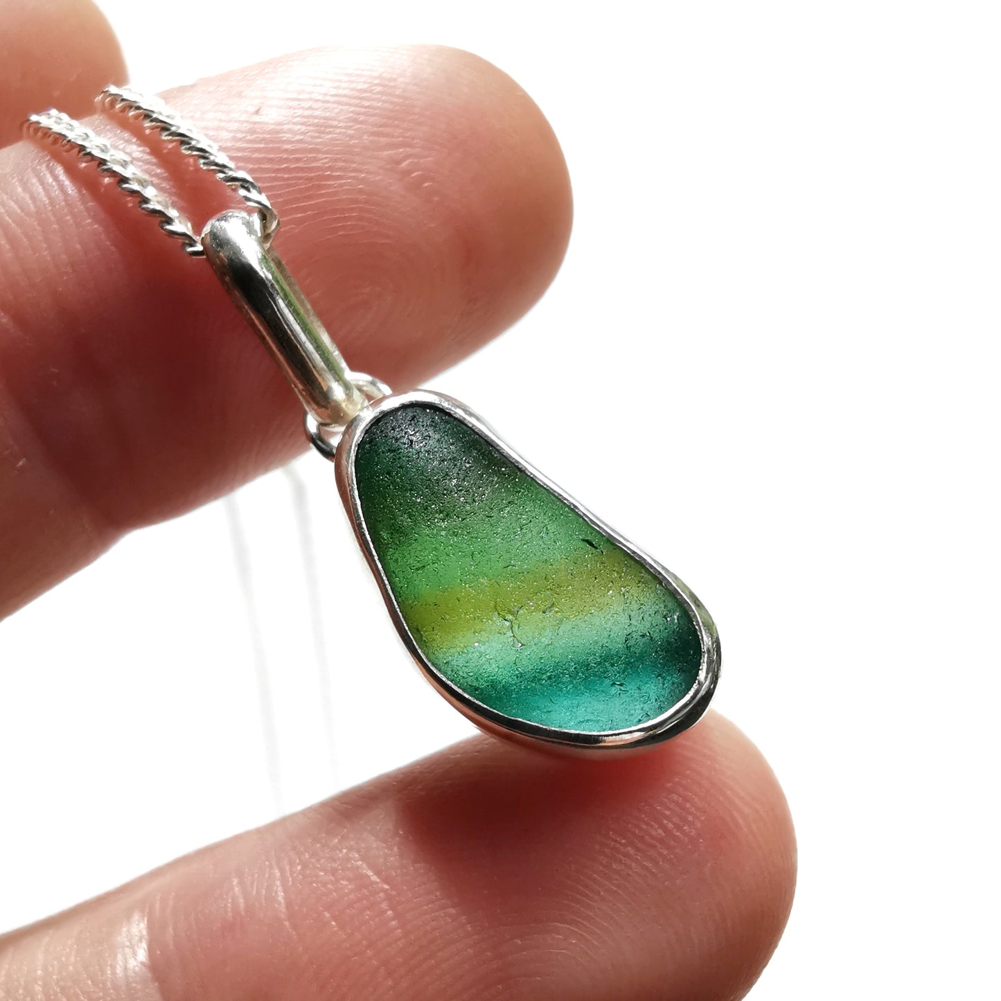 Seaham green multi sea glass & sterling silver pendant.