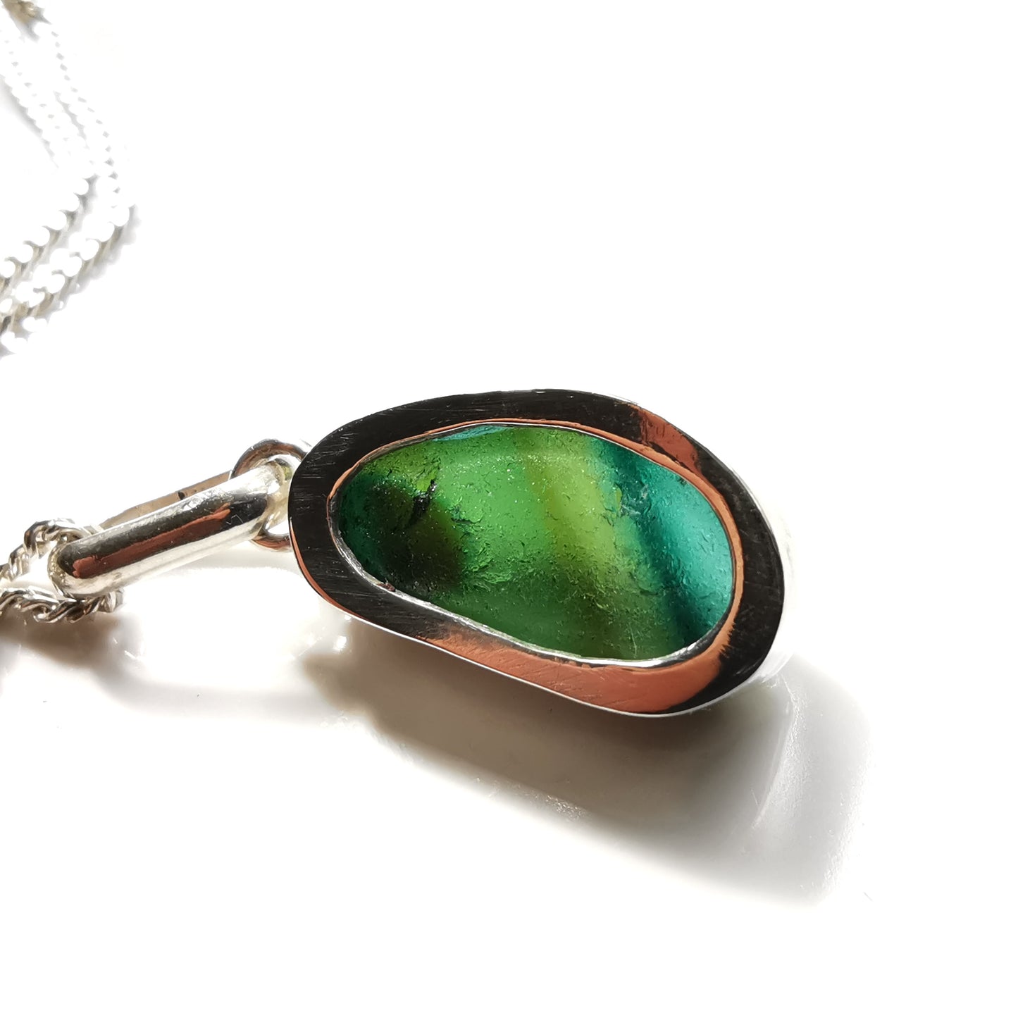 Seaham green multi sea glass & sterling silver pendant.