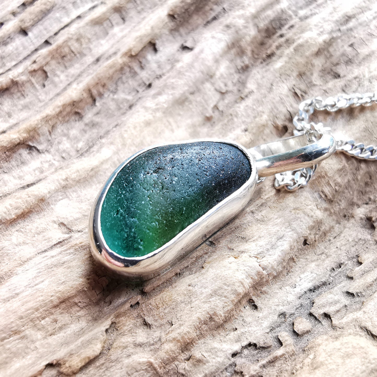 Seaham green multi sea glass & sterling silver pendant.