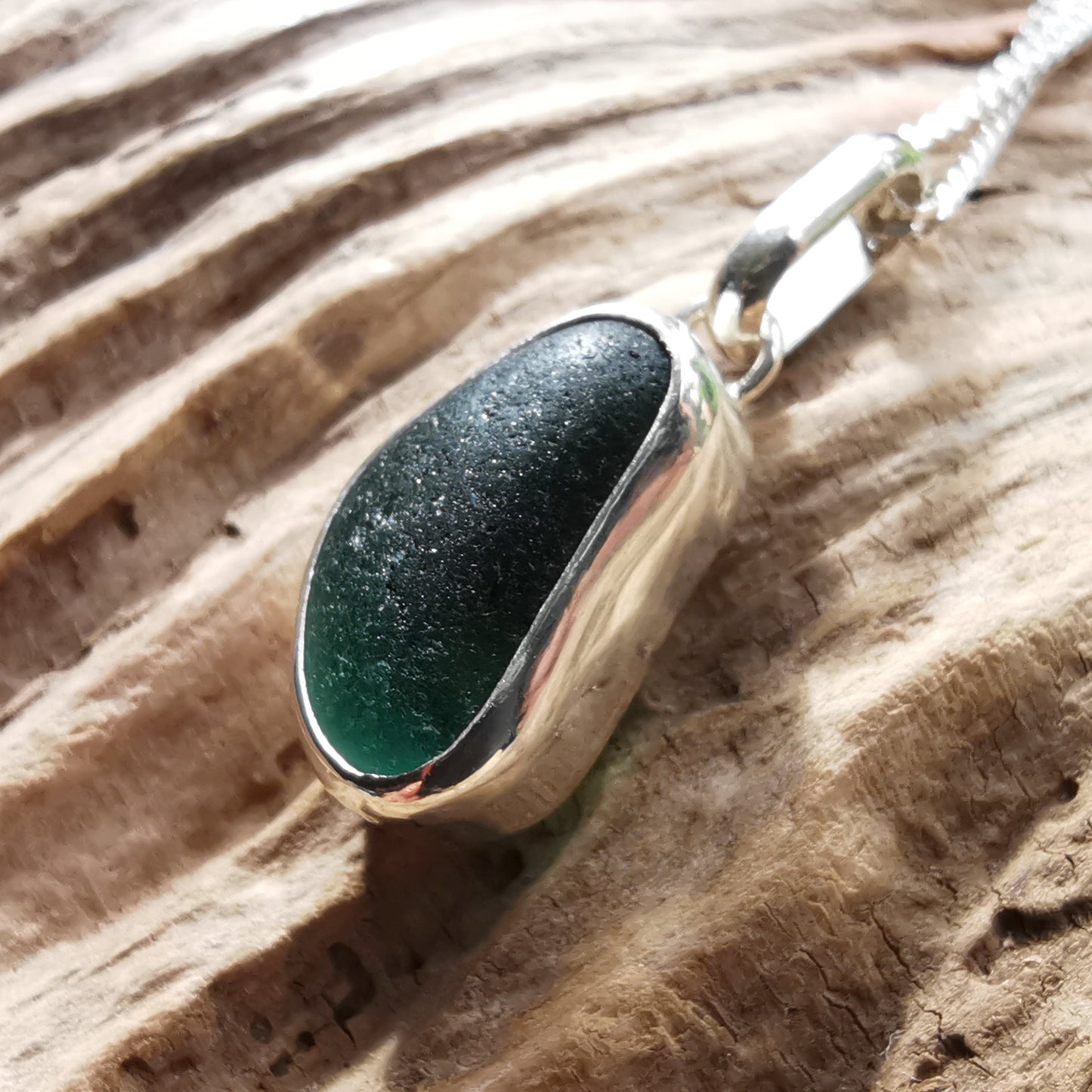 Seaham green multi sea glass & sterling silver pendant.