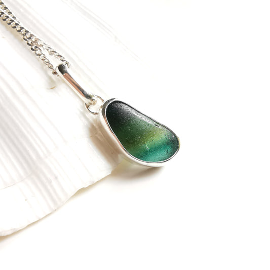 Seaham green multi sea glass & sterling silver pendant.