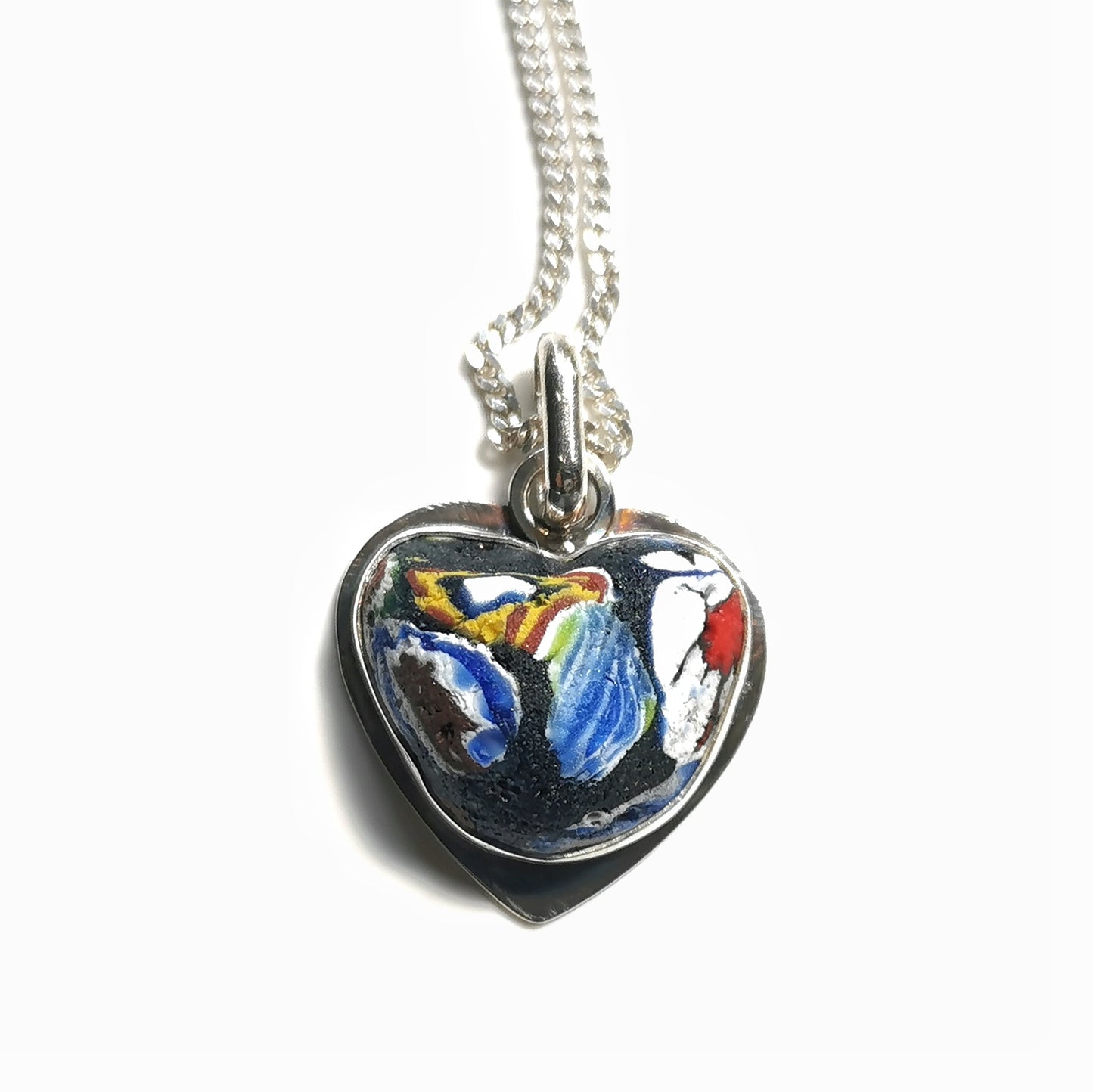 Millefiori sea glass heart & sterling silver pendant.