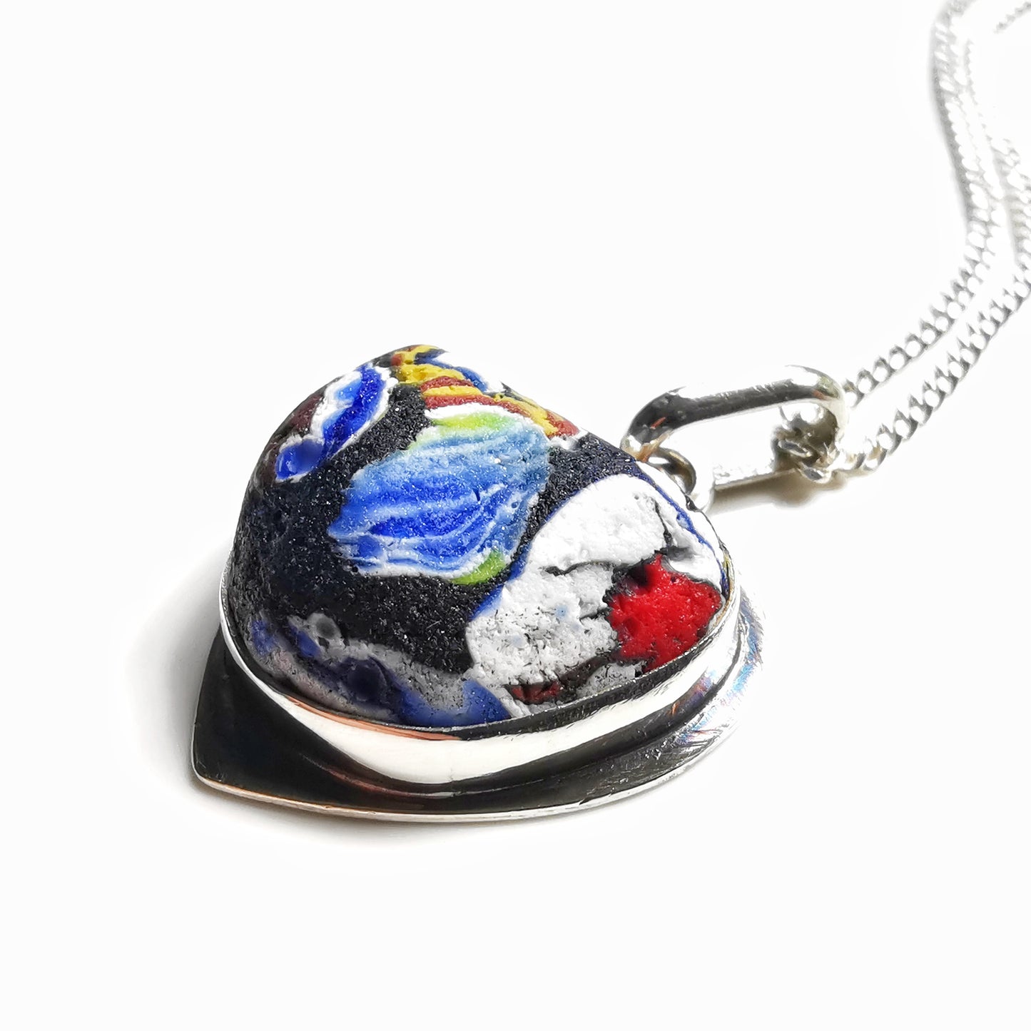 Millefiori sea glass heart & sterling silver pendant.