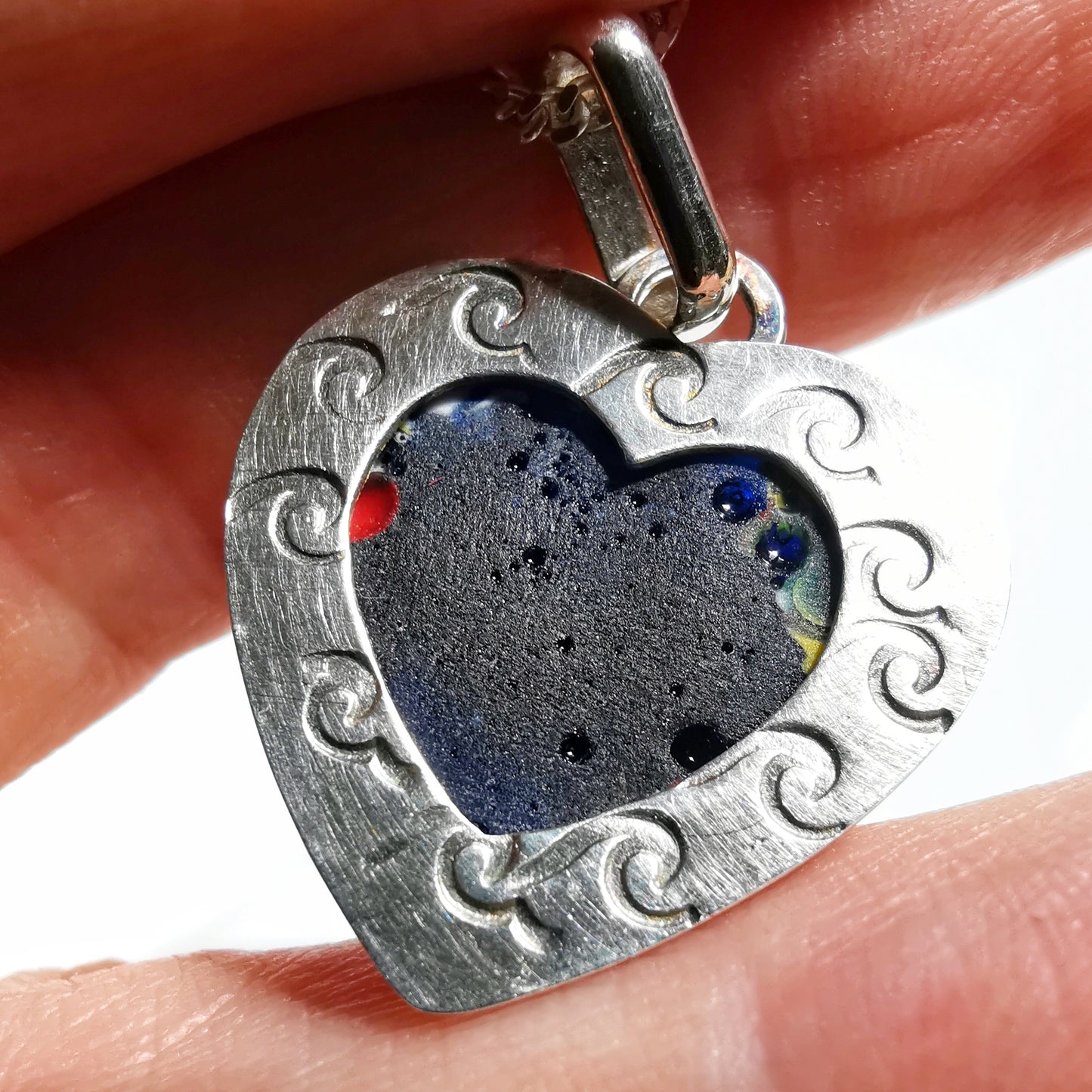 Millefiori sea glass heart & sterling silver pendant.