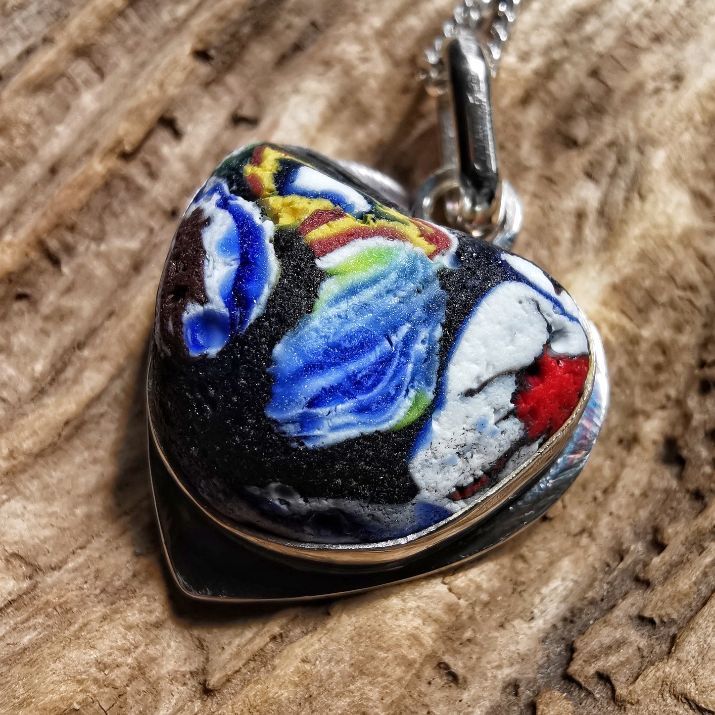 Millefiori sea glass heart & sterling silver pendant.