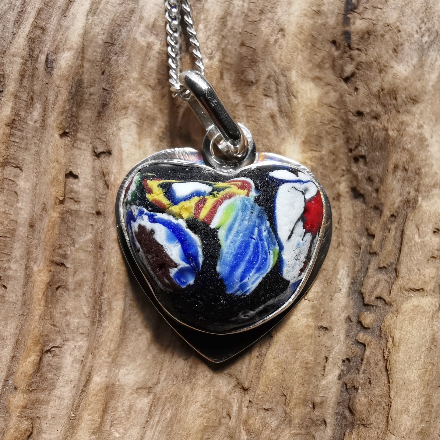 Millefiori sea glass heart & sterling silver pendant.