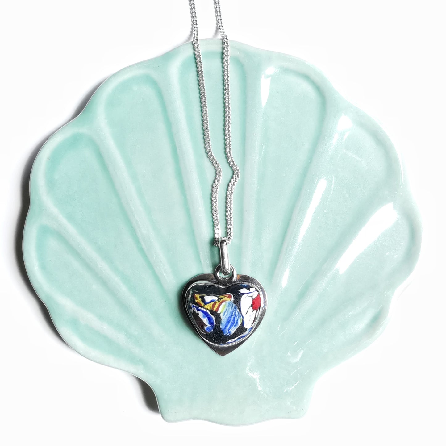 Millefiori sea glass heart & sterling silver pendant.