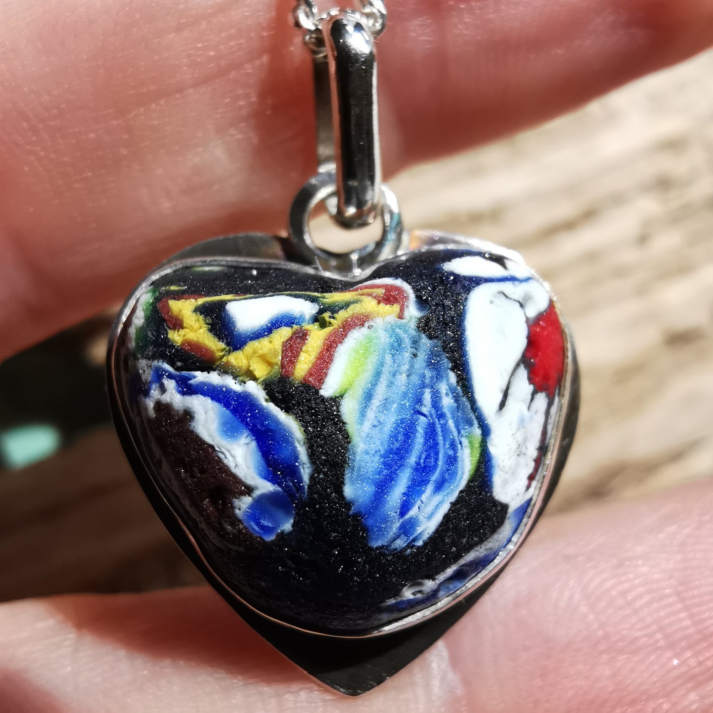 Millefiori sea glass heart & sterling silver pendant.