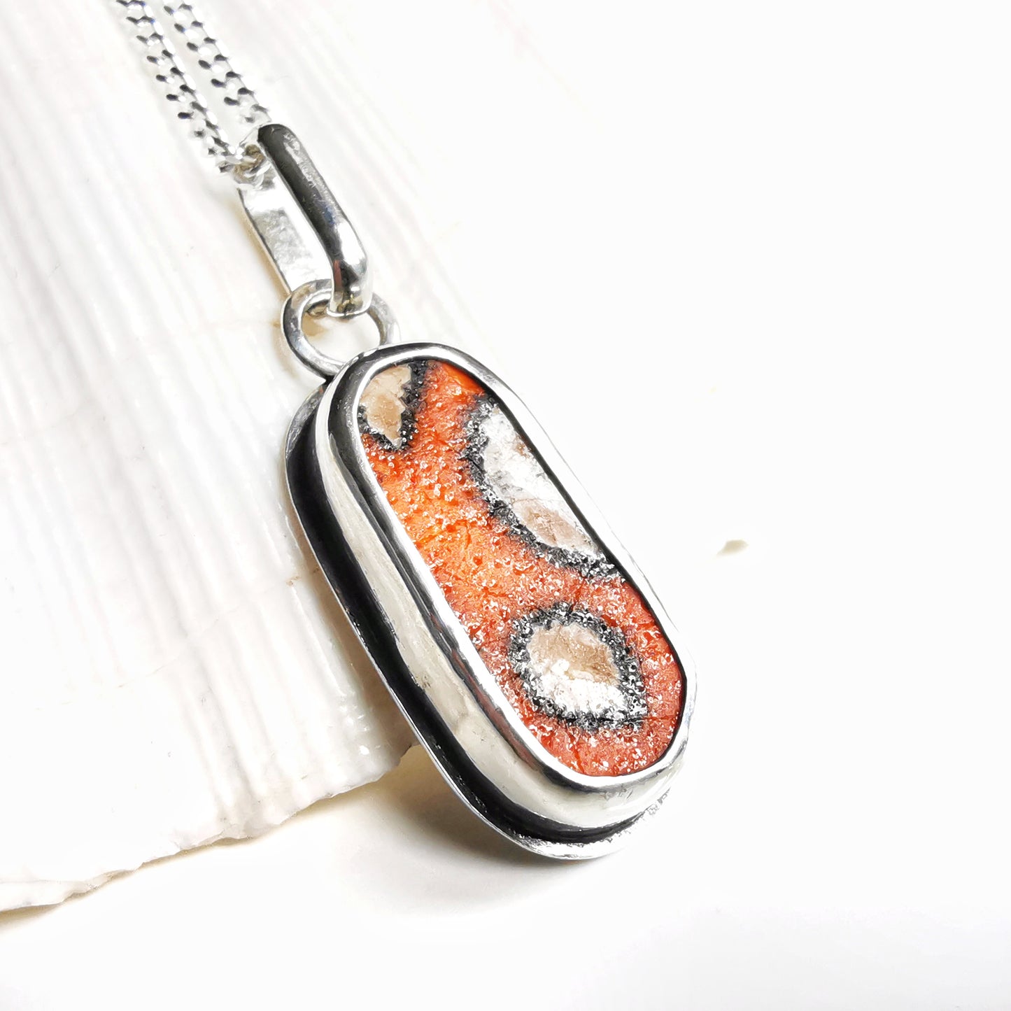 Scottish orange 'vitamin sea' sea pottery & sterling silver pendant.