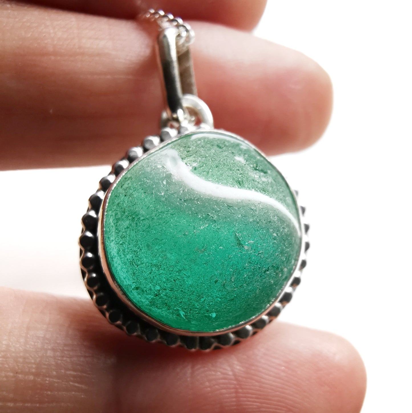 Scottish teal green sea glass marble & sterling silver pendant.