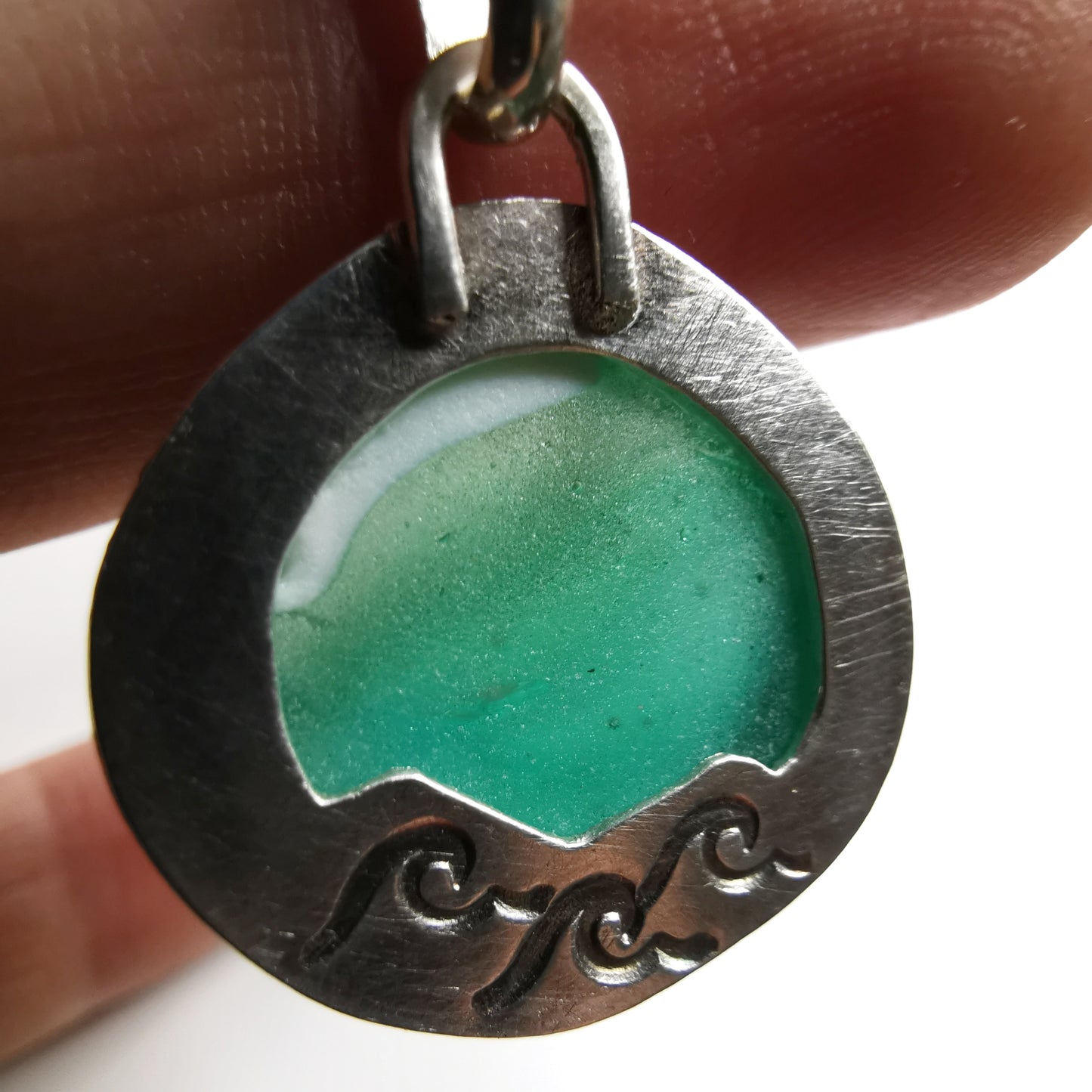 Scottish teal green sea glass marble & sterling silver pendant.