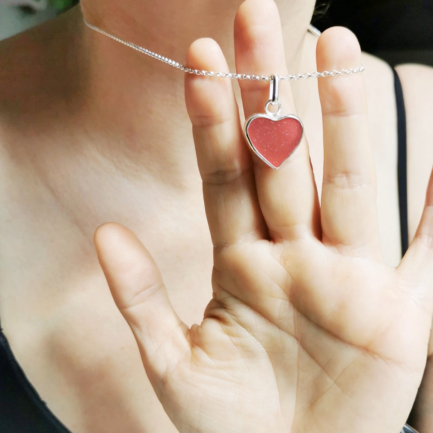 Magenta pink sea glass heart & sterling silver pendant.