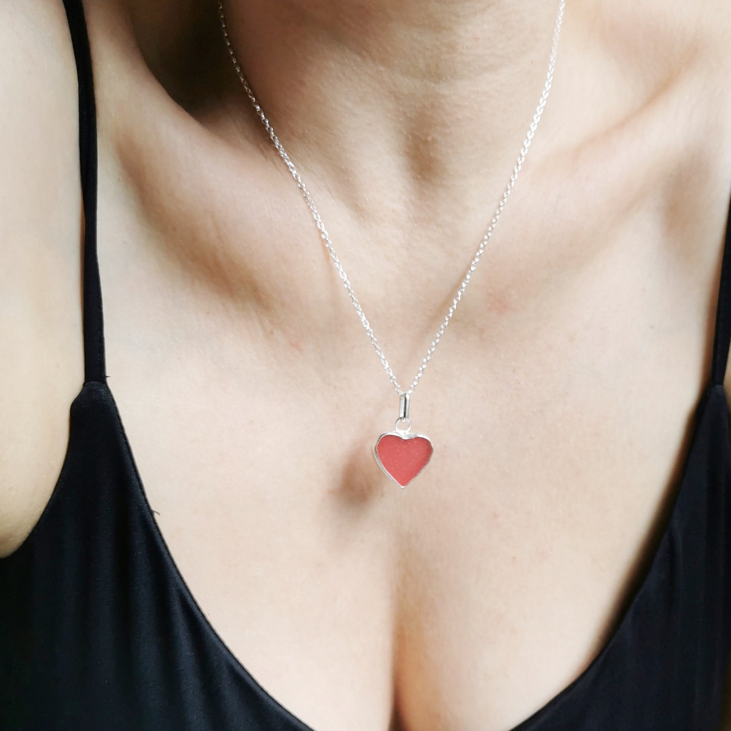 Magenta pink sea glass heart & sterling silver pendant.