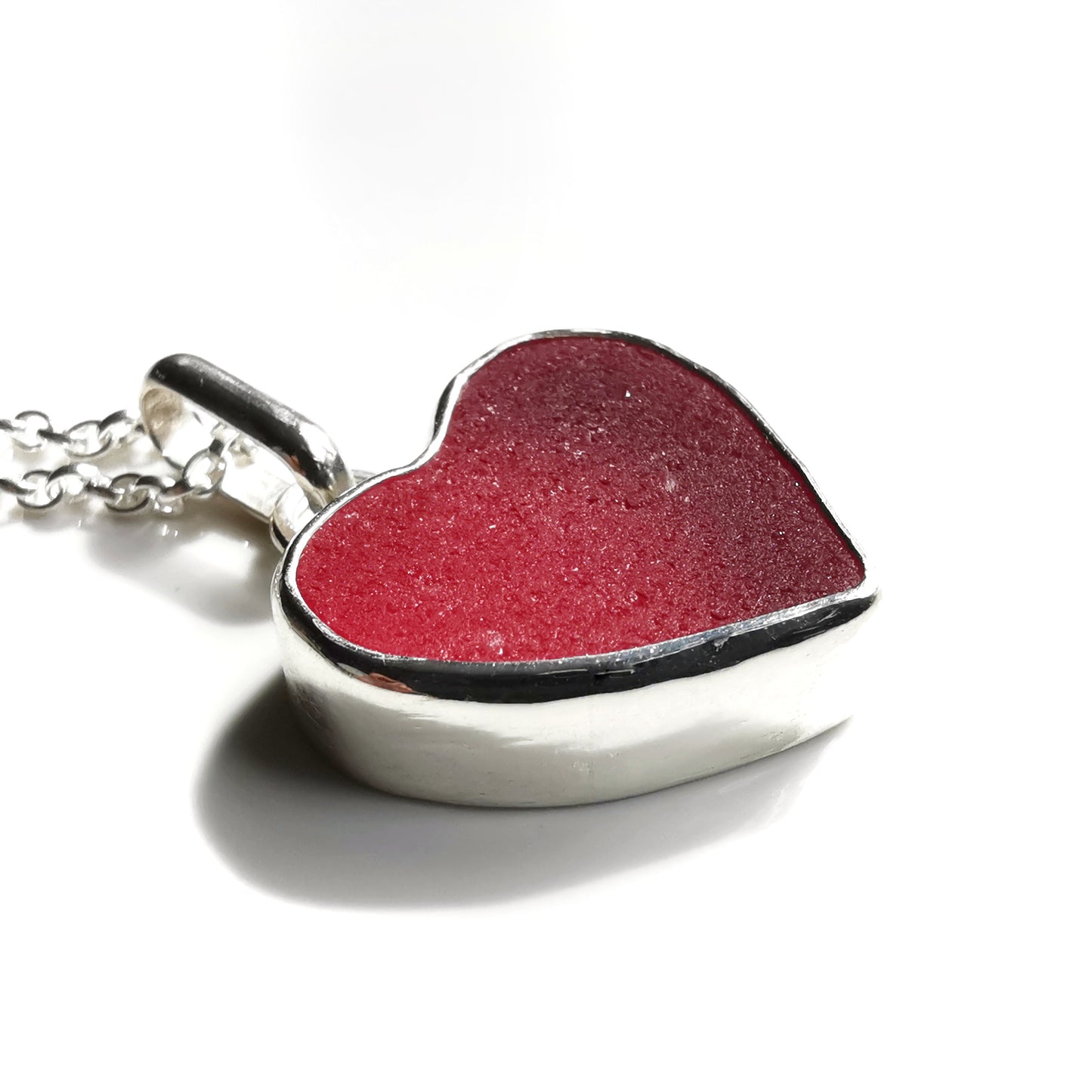 Magenta pink sea glass heart & sterling silver pendant.