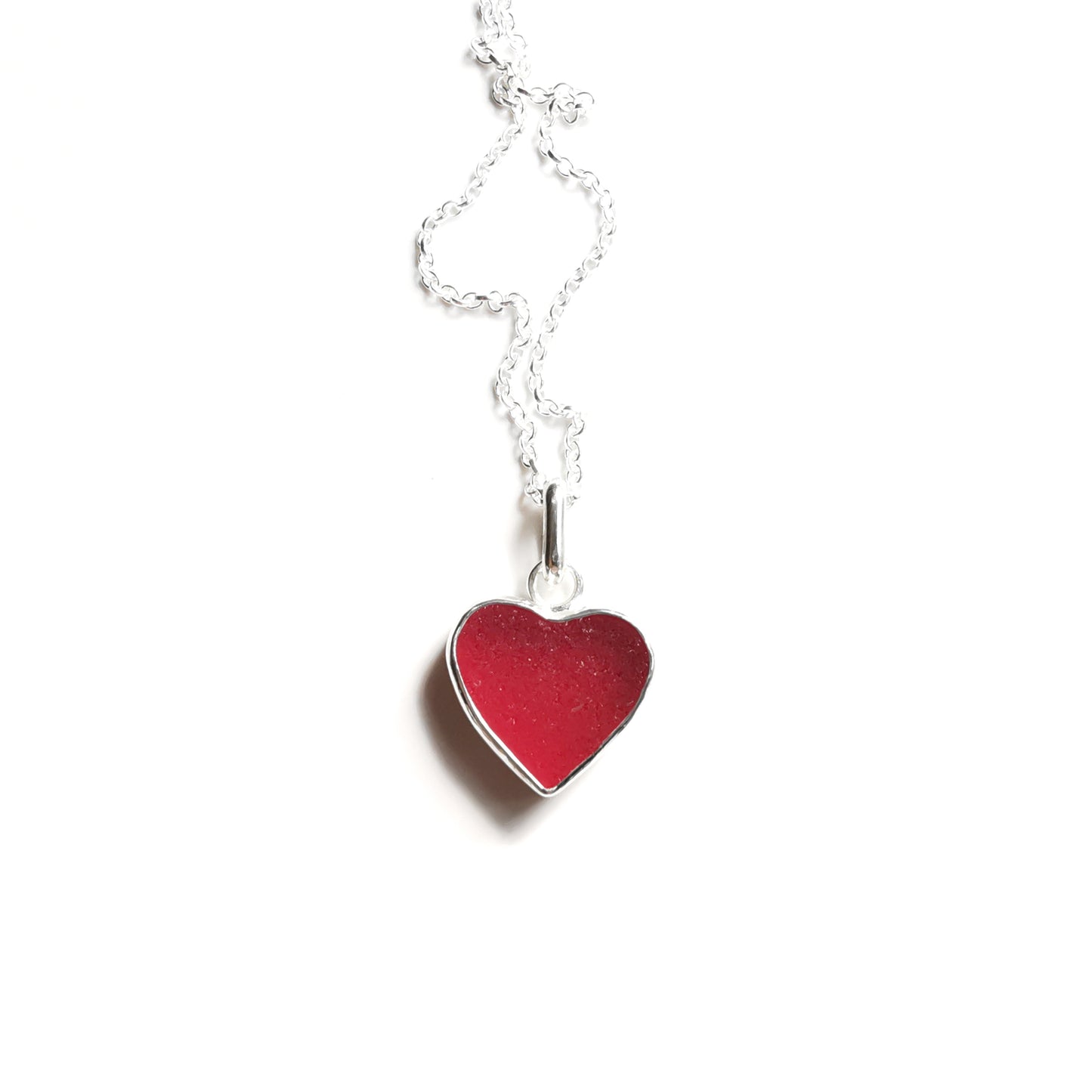 Magenta pink sea glass heart & sterling silver pendant.