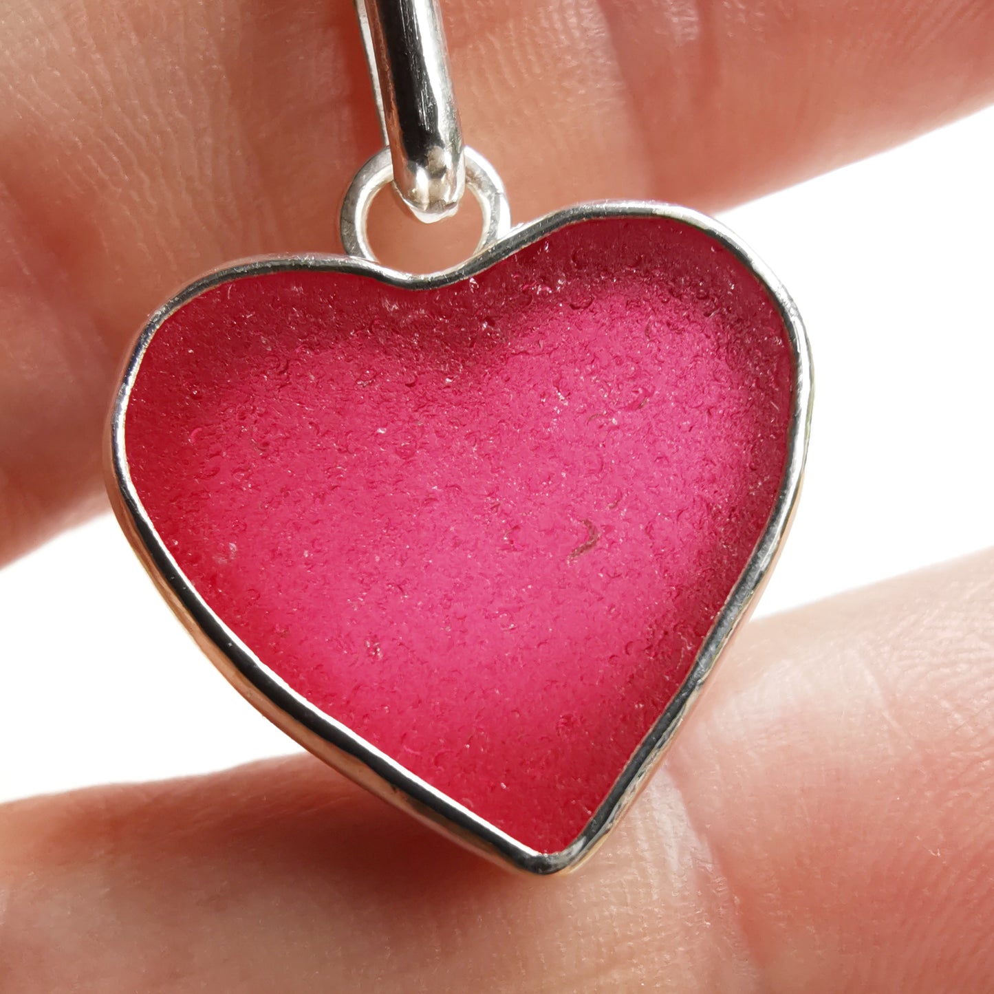 Magenta pink sea glass heart & sterling silver pendant.