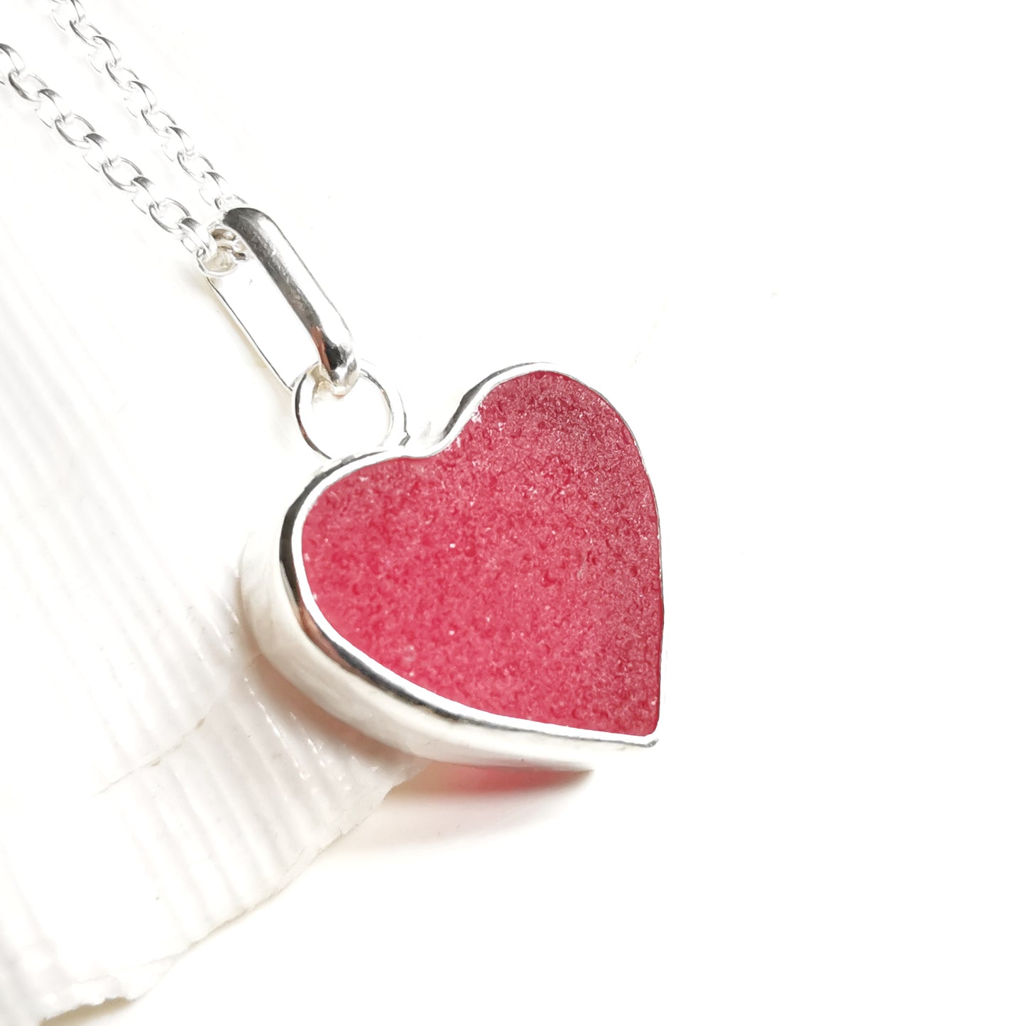 Magenta pink sea glass heart & sterling silver pendant.