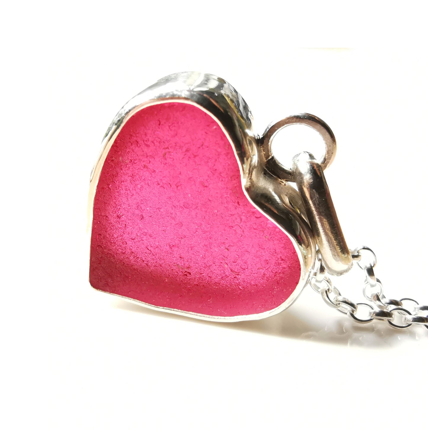 Magenta pink sea glass heart & sterling silver pendant.