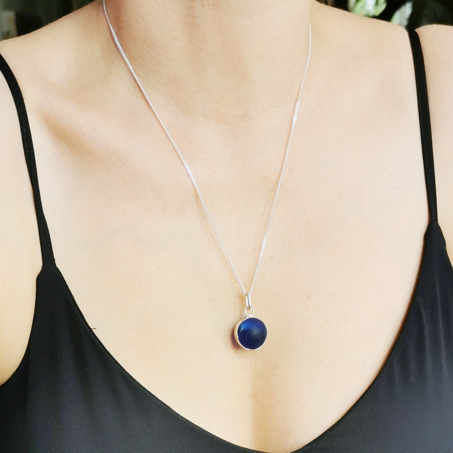 Scottish cobalt blue sea glass marble & sterling silver pendant.