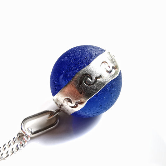 Scottish cobalt blue sea glass marble & sterling silver pendant.