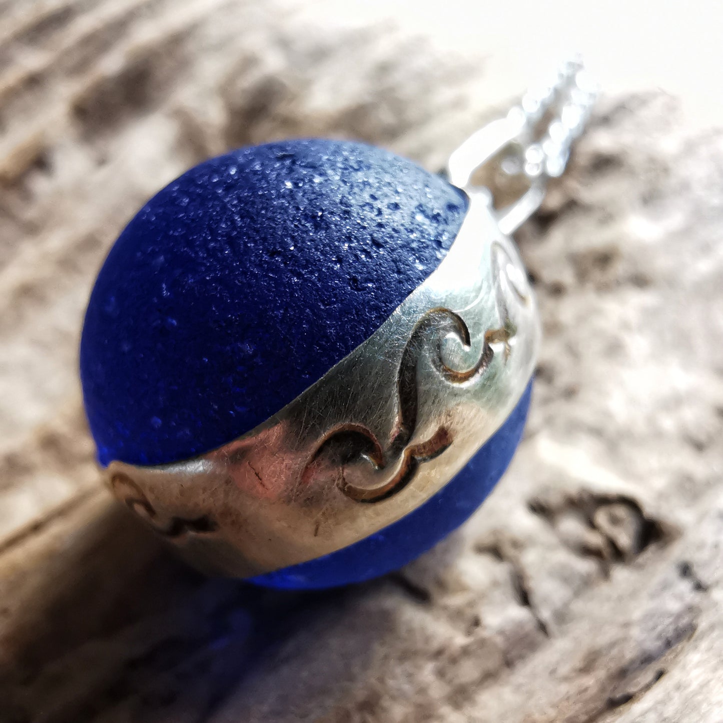 Scottish cobalt blue sea glass marble & sterling silver pendant.