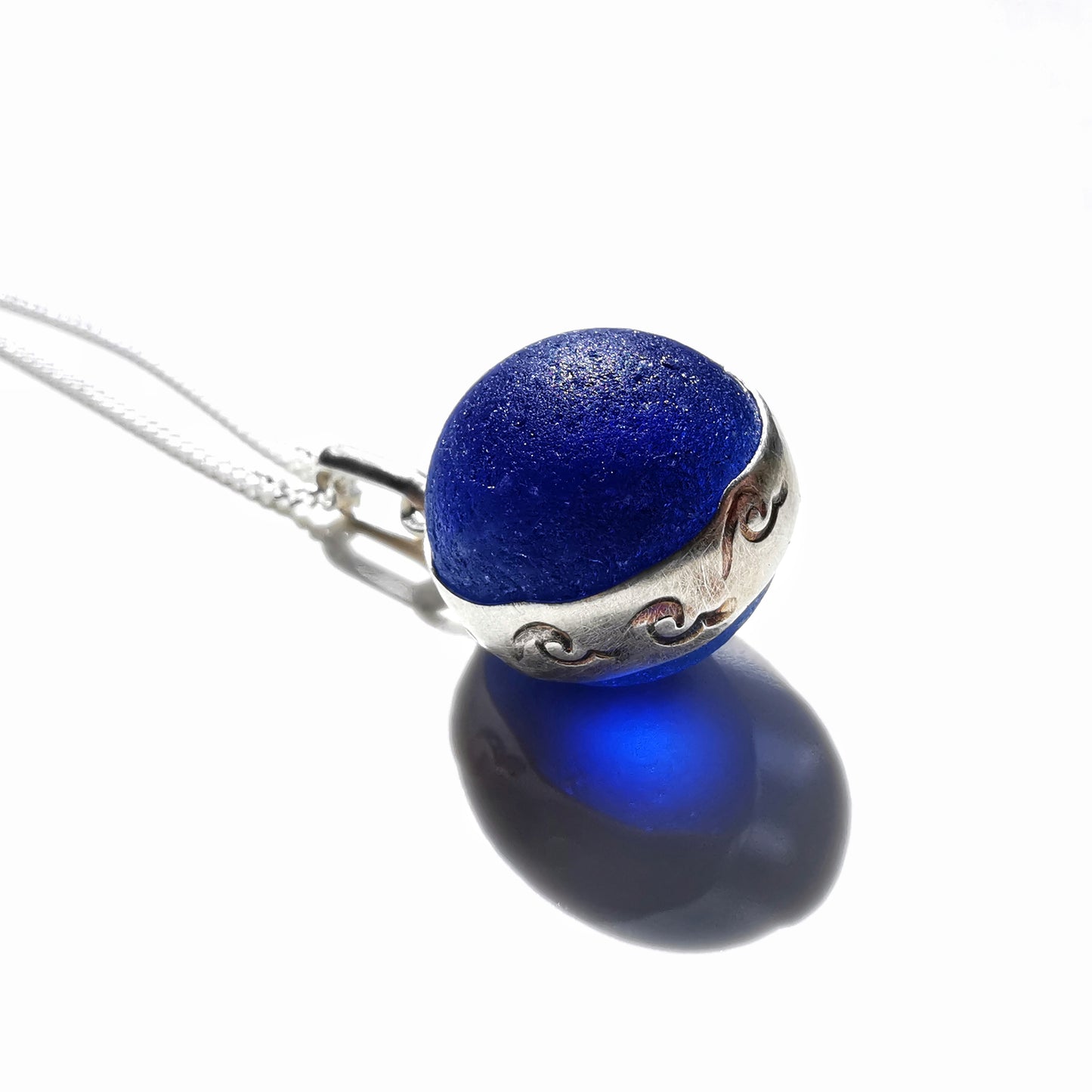 Scottish cobalt blue sea glass marble & sterling silver pendant.