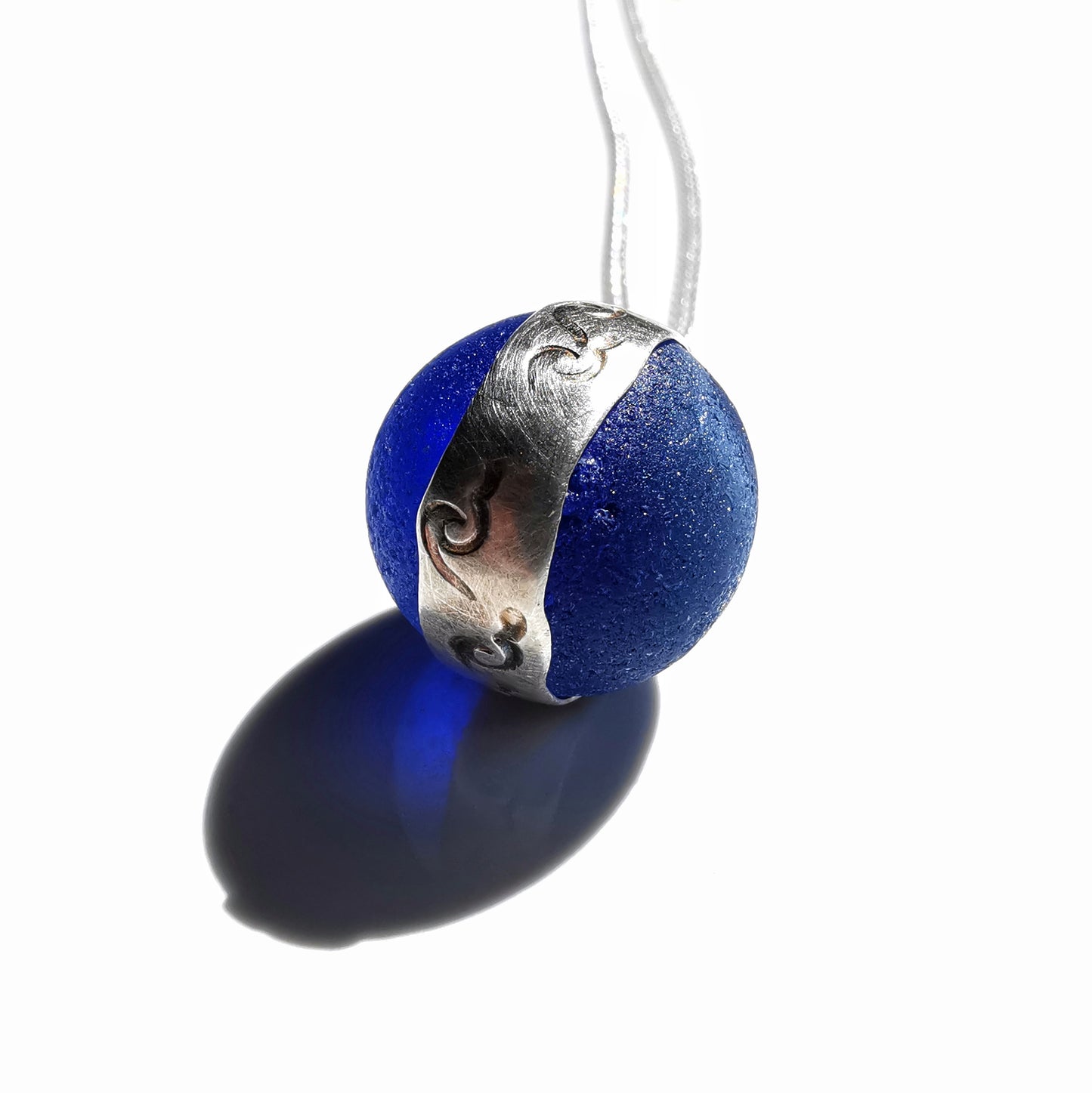 Scottish cobalt blue sea glass marble & sterling silver pendant.