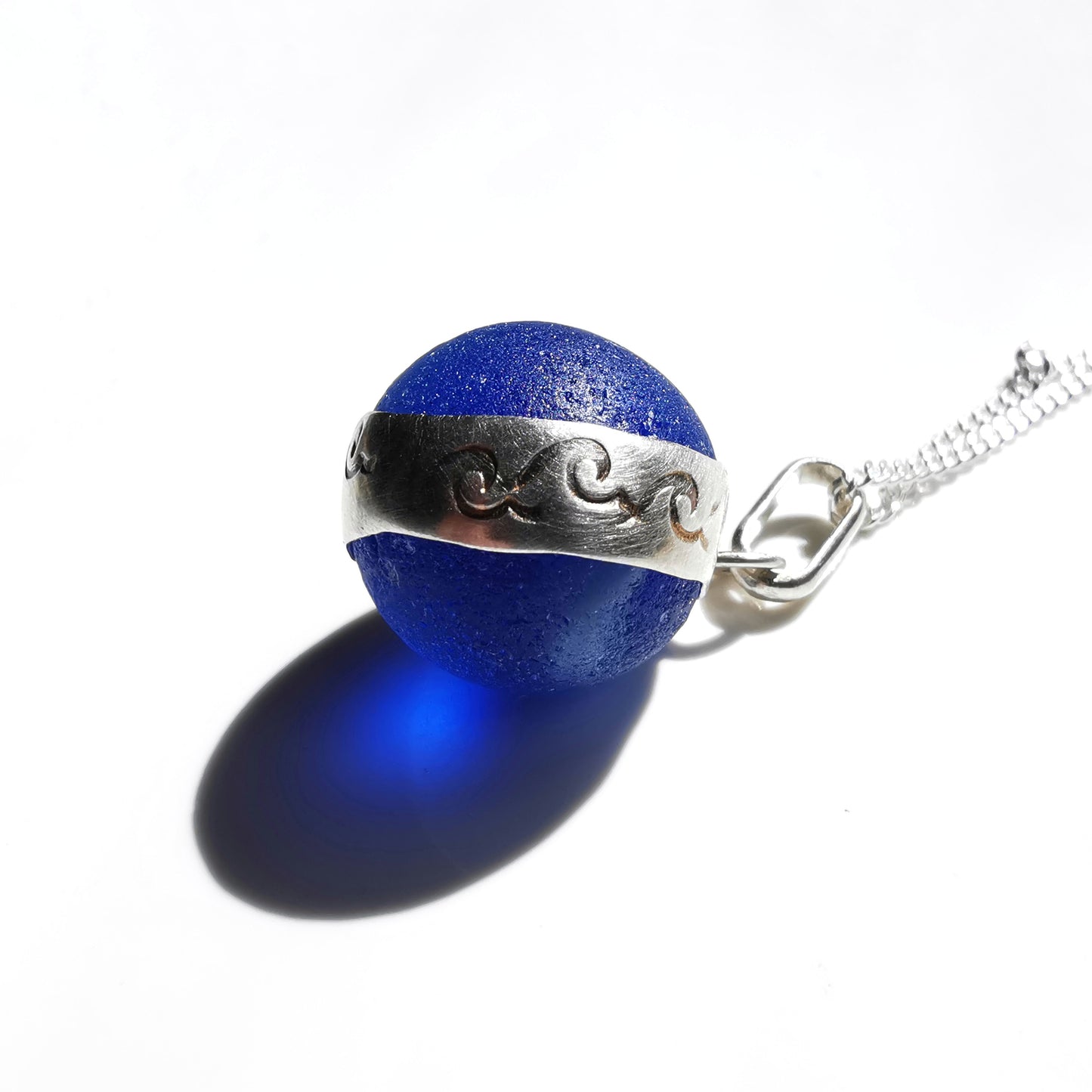 Scottish cobalt blue sea glass marble & sterling silver pendant.