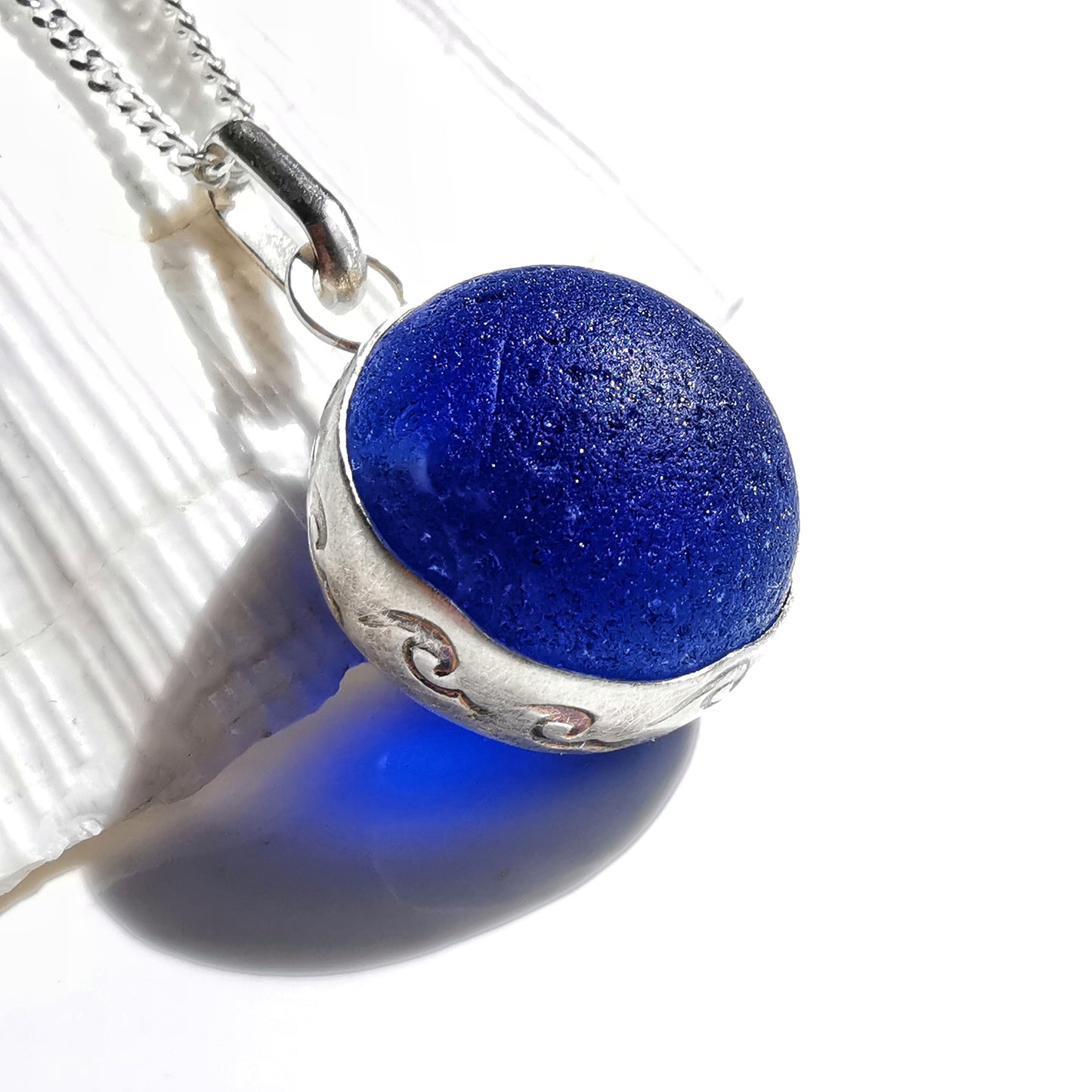 Scottish cobalt blue sea glass marble & sterling silver pendant.