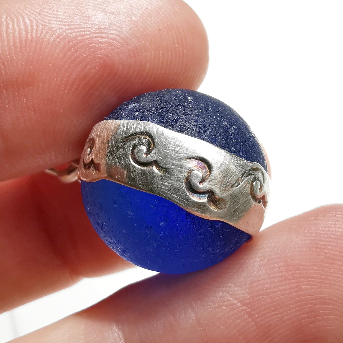 Scottish cobalt blue sea glass marble & sterling silver pendant.