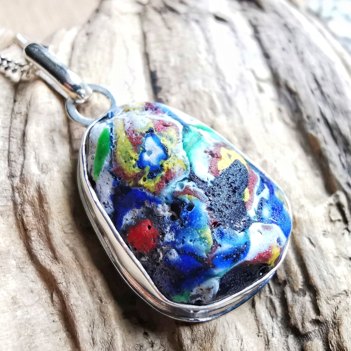 Millefiori sea glass & sterling silver pendant.