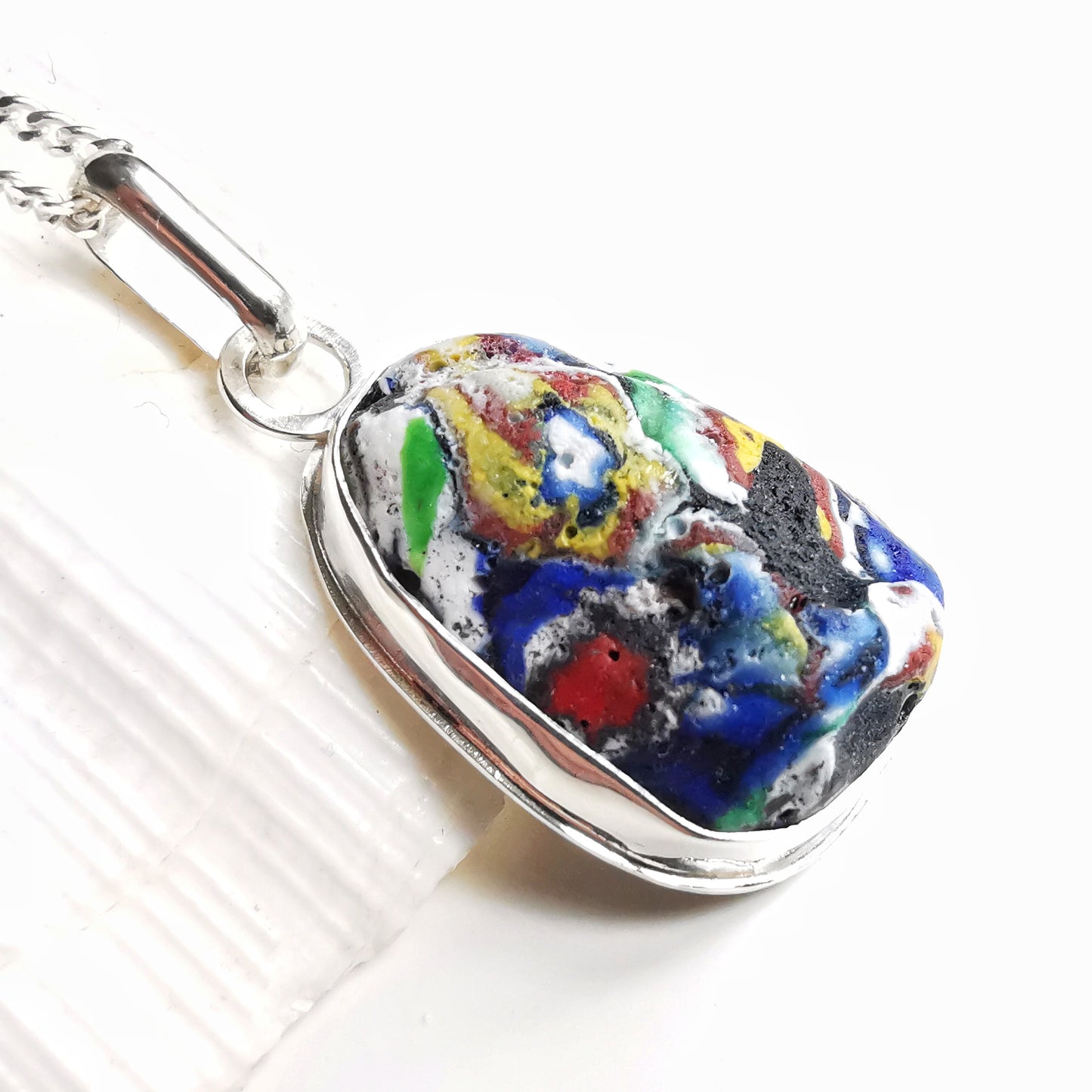 Millefiori sea glass & sterling silver pendant.