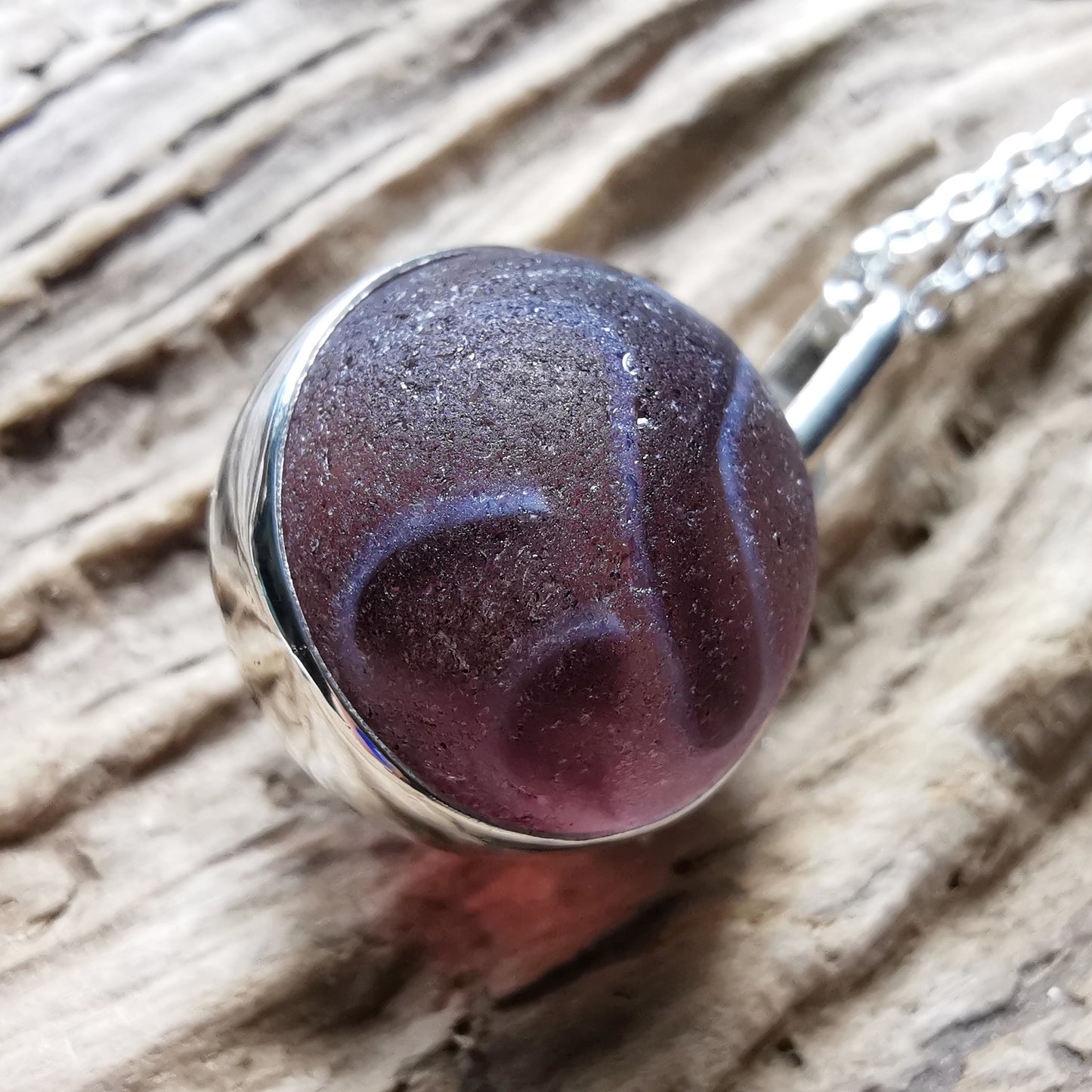 Scottish purple sea glass marble & sterling silver pendant.