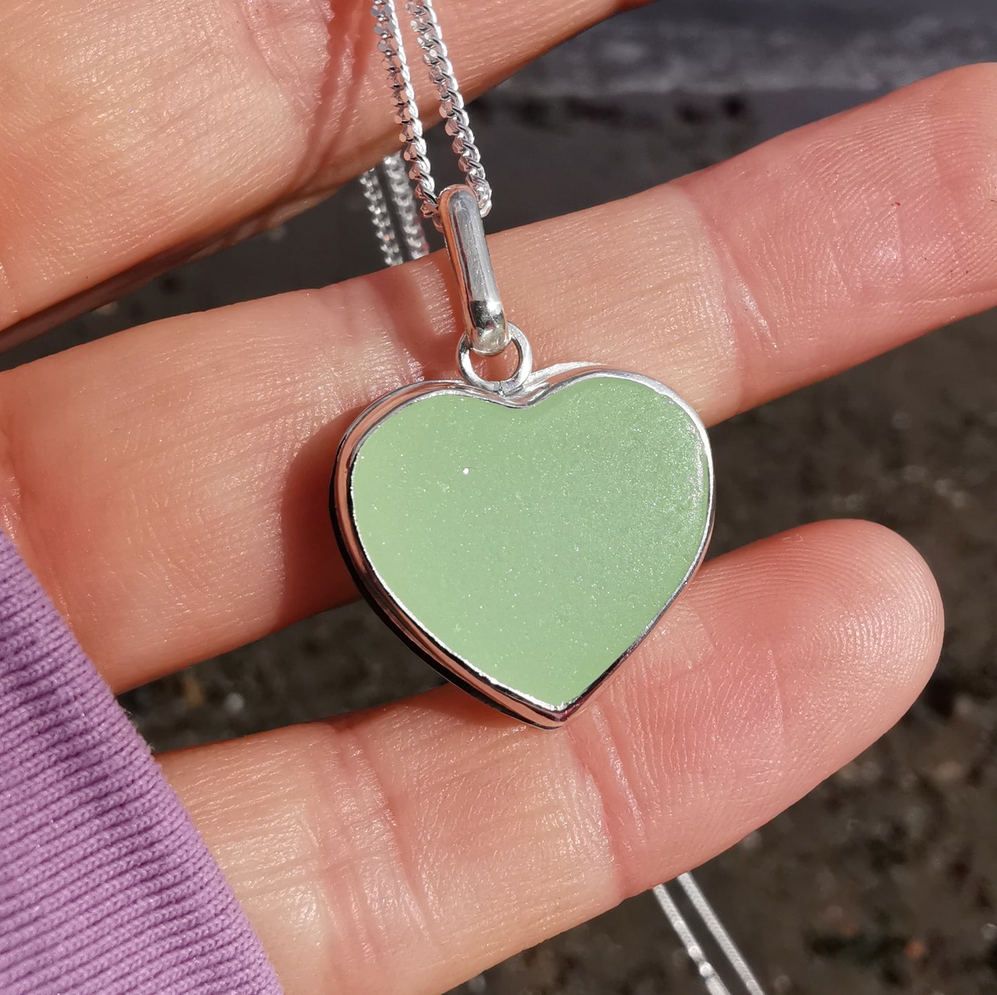 Scottish UV sea glass heart & sterling silver pendant.