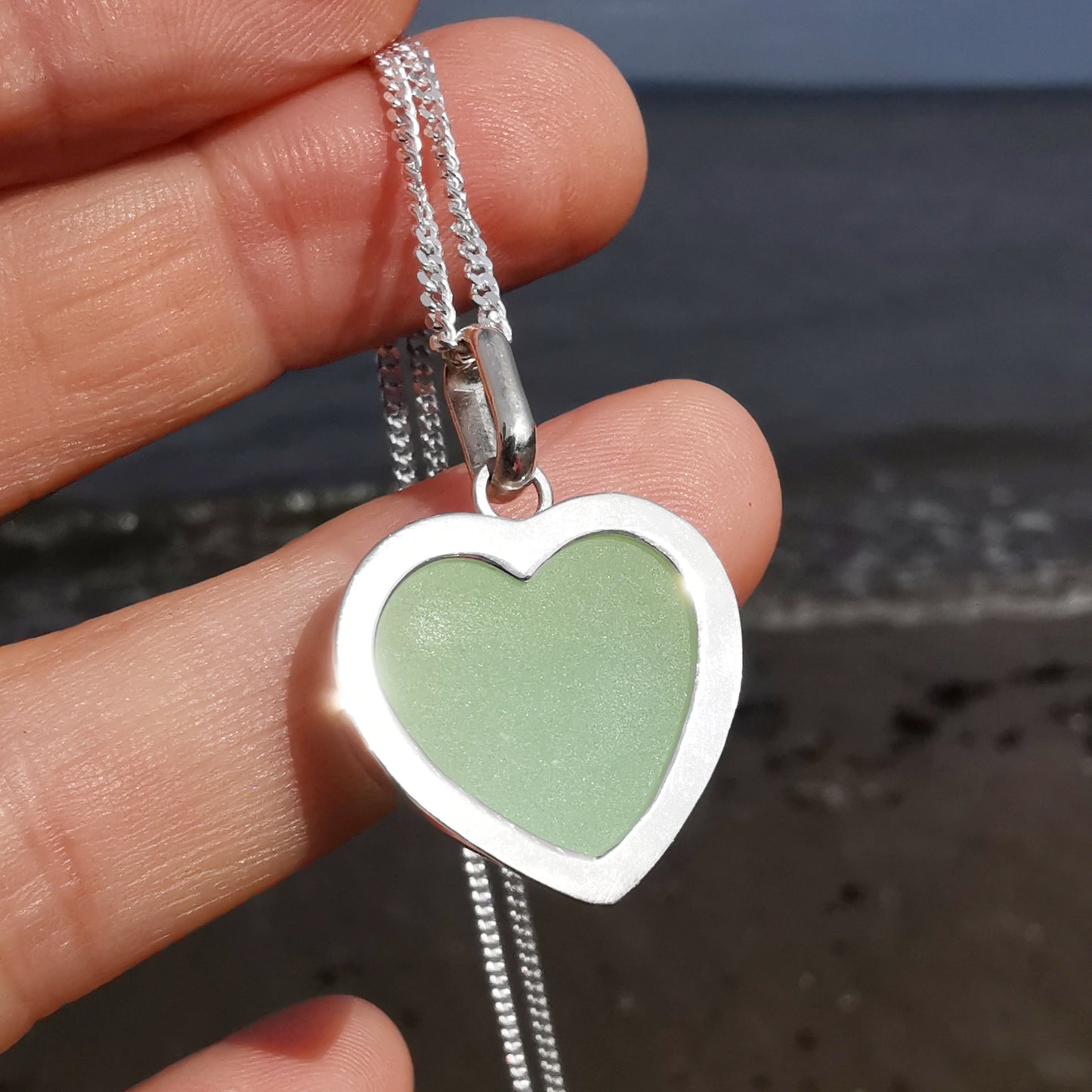 Scottish UV sea glass heart & sterling silver pendant.