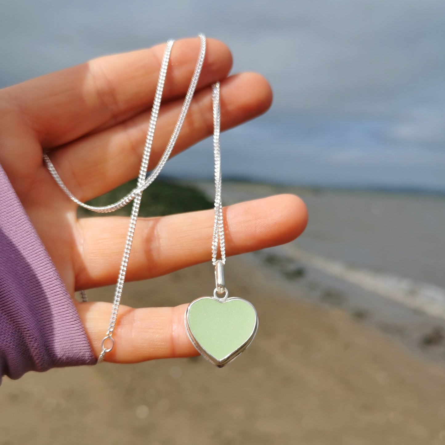 Scottish UV sea glass heart & sterling silver pendant.