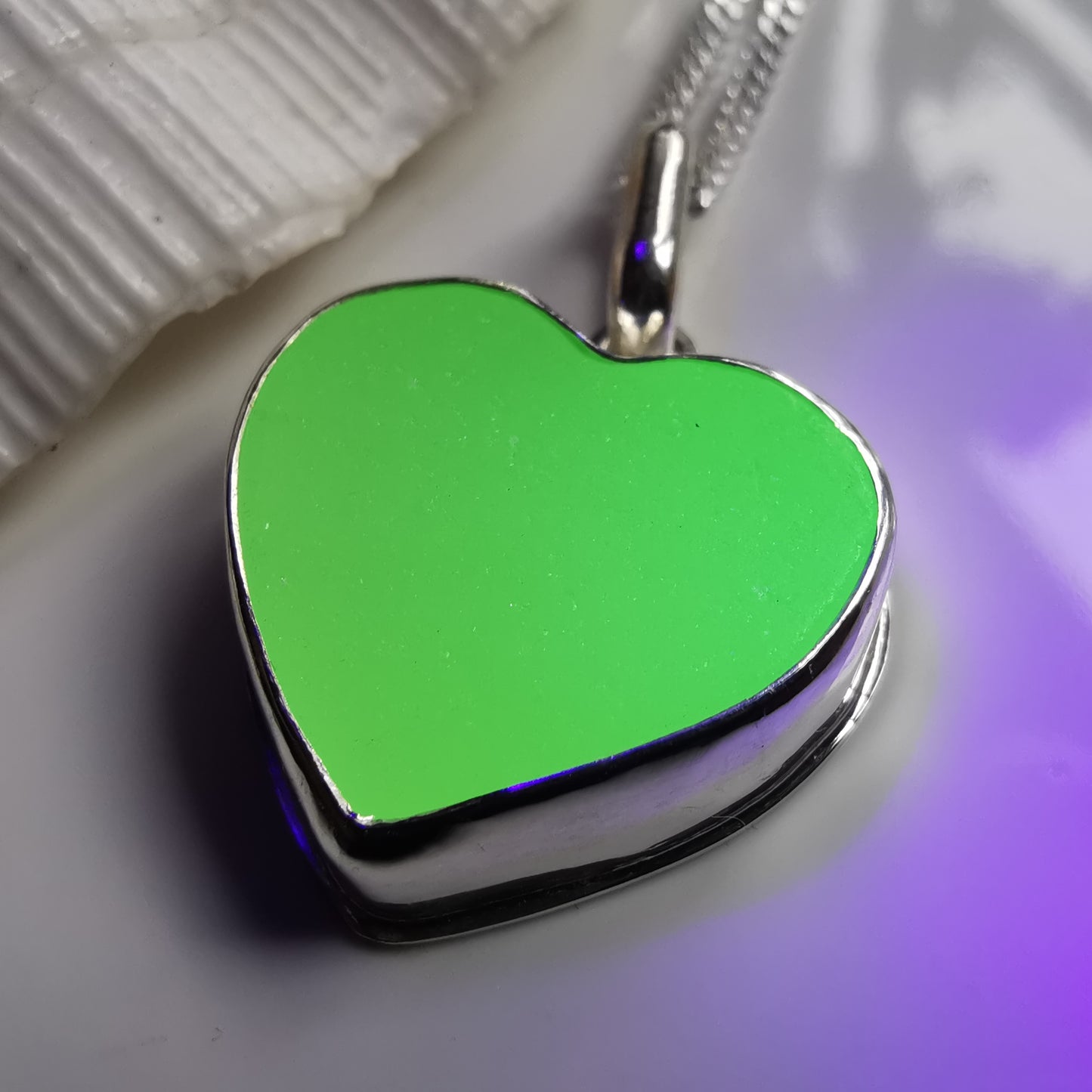 Scottish UV sea glass heart & sterling silver pendant.