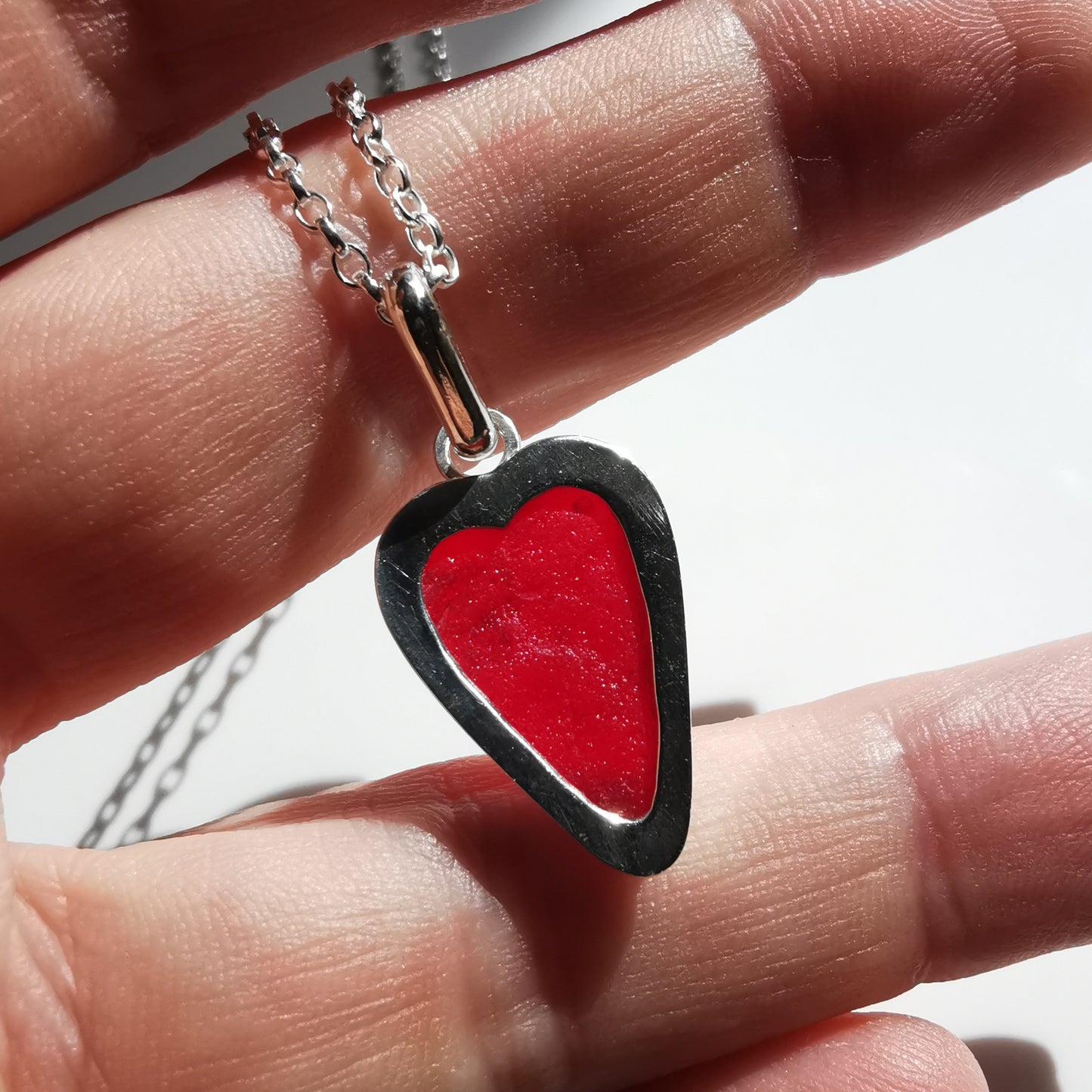 Scottish red sea glass heart & sterling silver pendant.