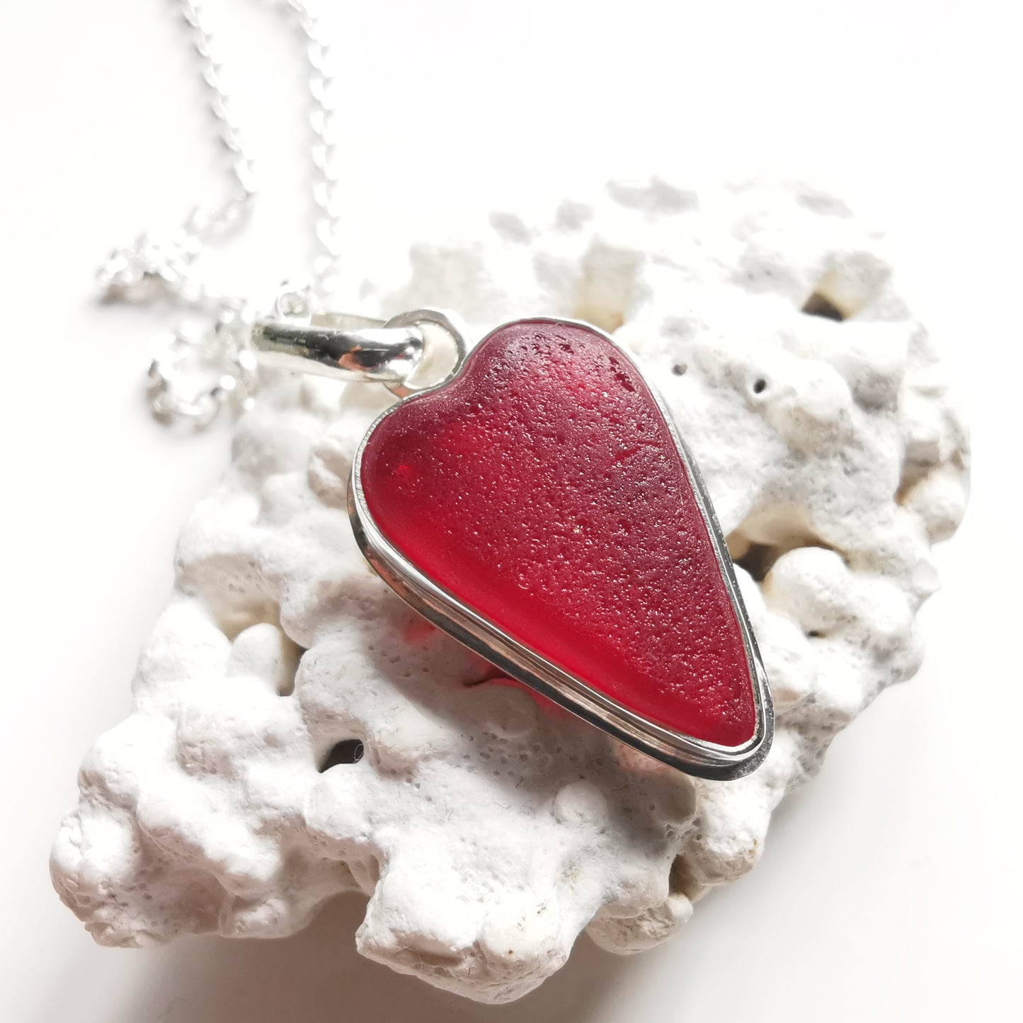 Scottish red sea glass heart & sterling silver pendant.