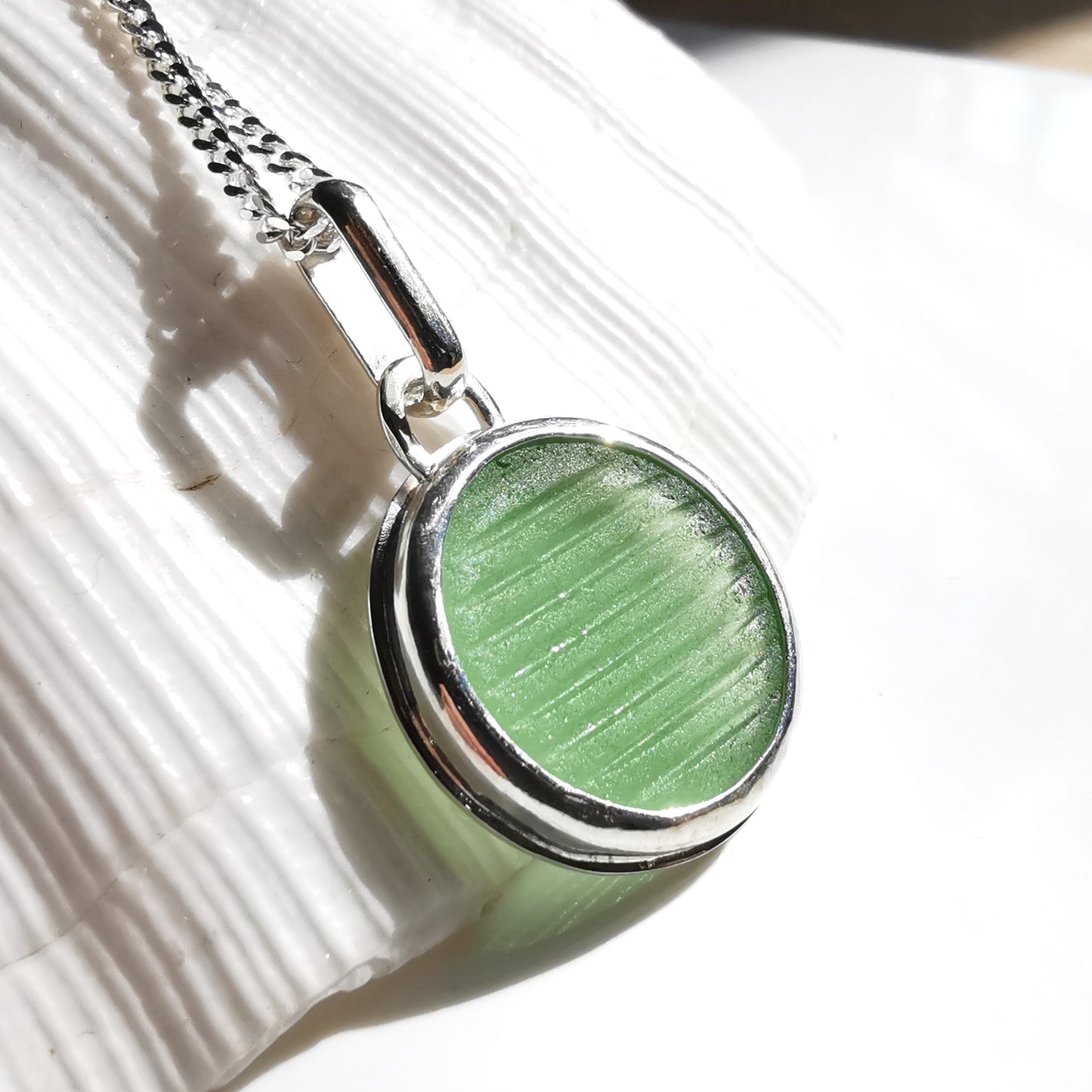 Japanese ohajiki sea glass & sterling silver pendant.