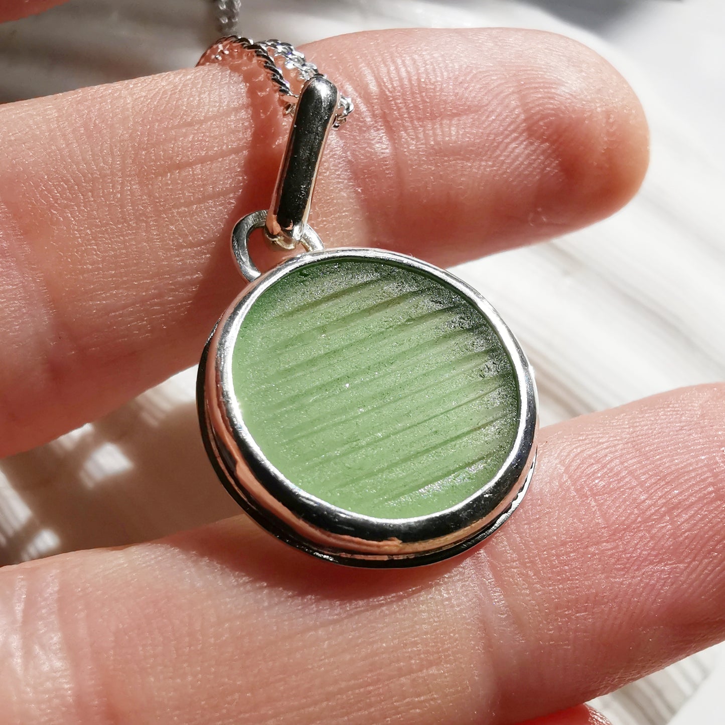 Japanese ohajiki sea glass & sterling silver pendant.