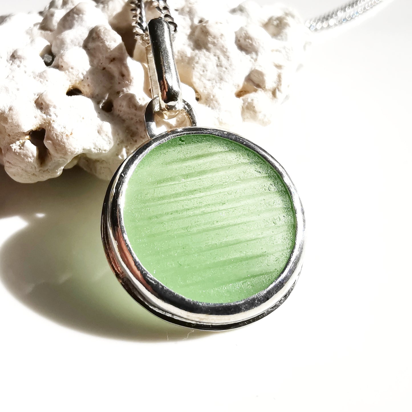 Japanese ohajiki sea glass & sterling silver pendant.