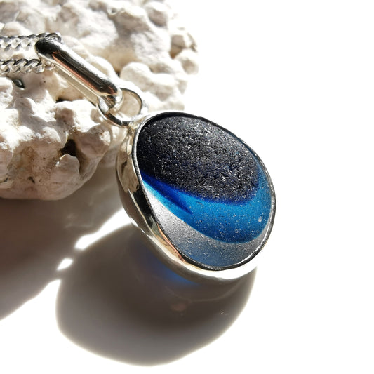 Seaham blue multi sea glass & sterling silver pendant.