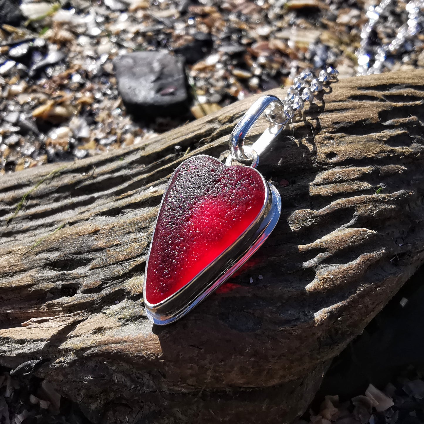 Scottish red sea glass heart & sterling silver pendant.