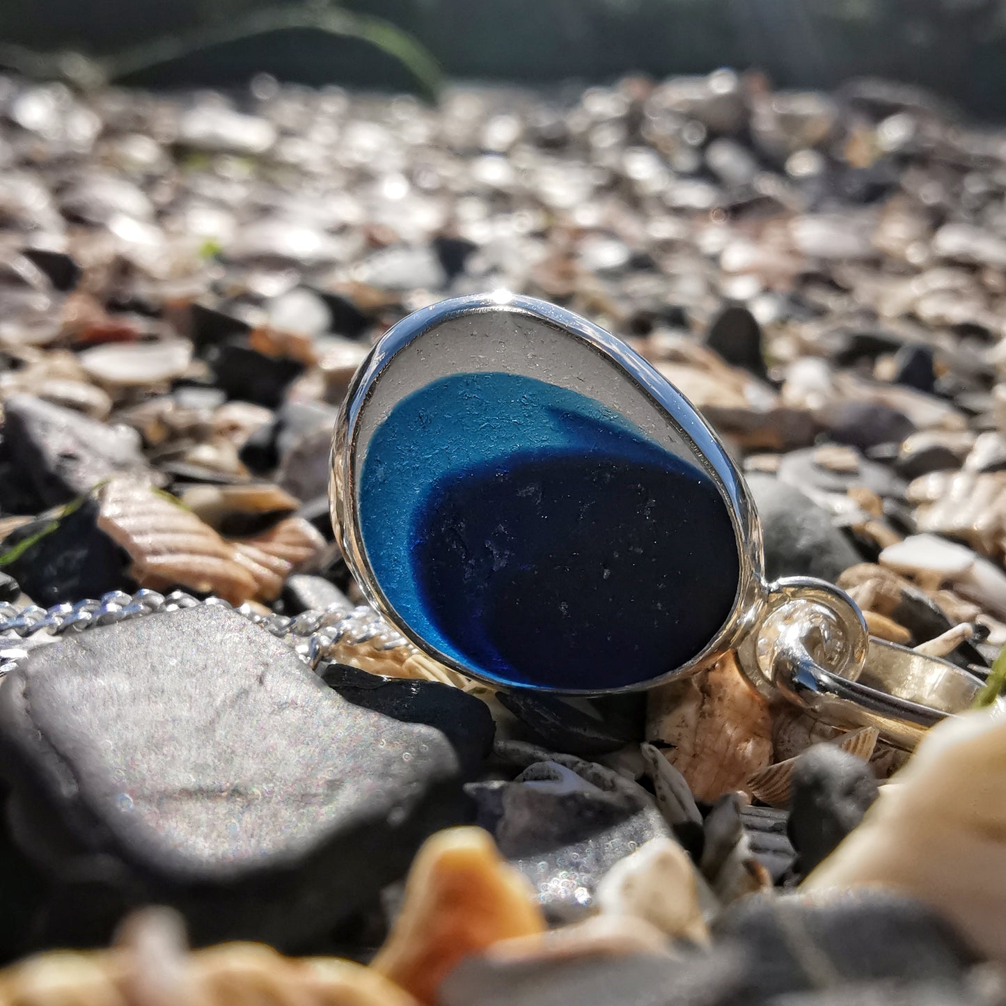 Seaham blue multi sea glass & sterling silver pendant.